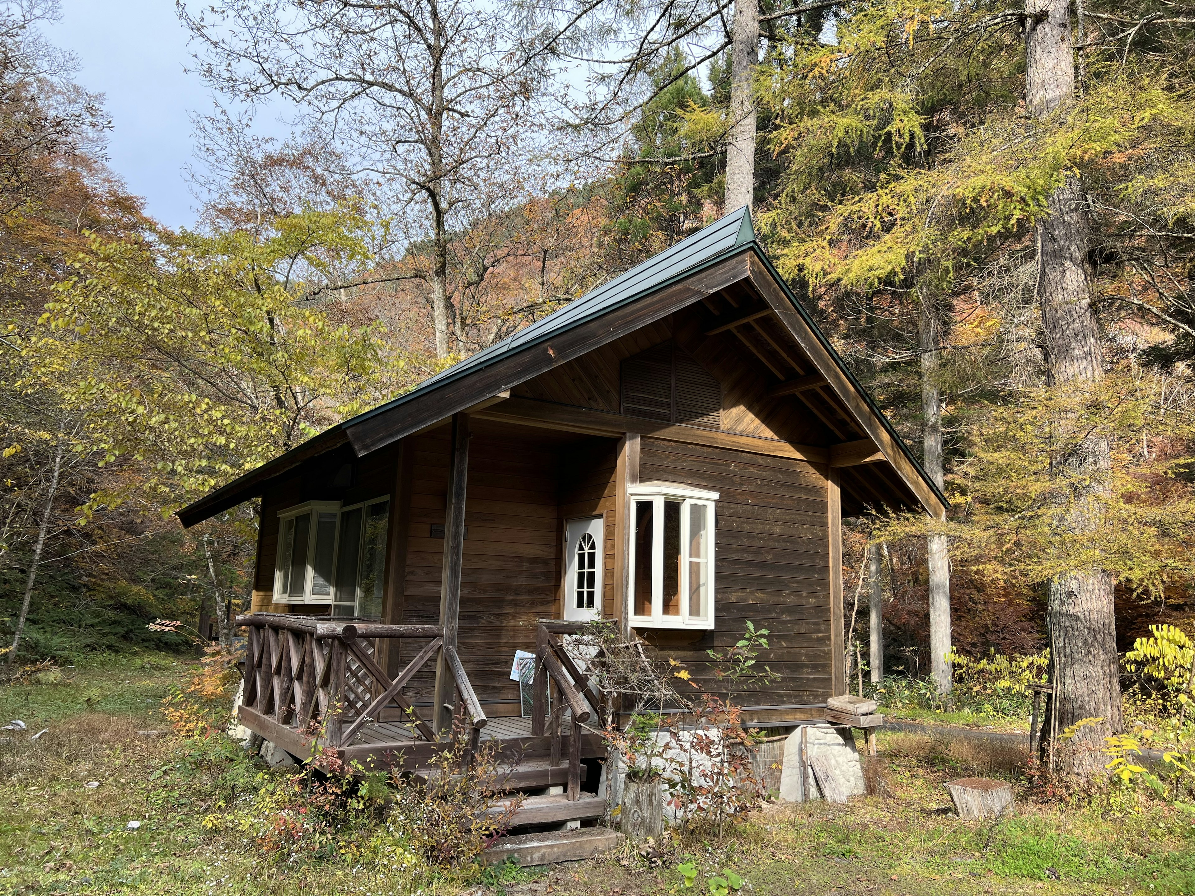 A wooden cabin surrounded by autumn foliage in a forest setting