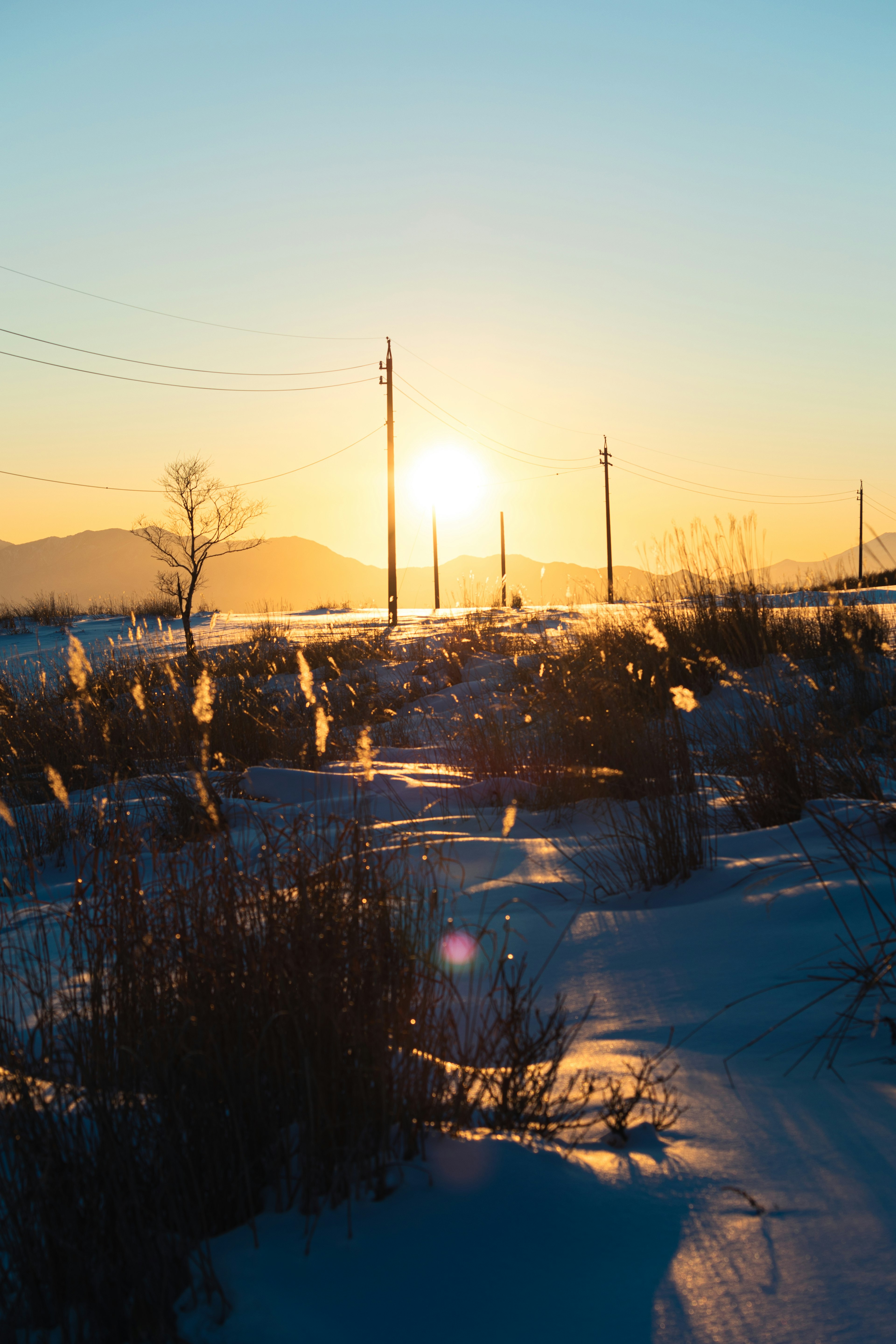 Tramonto invernale con il sole che tramonta su un paesaggio innevato