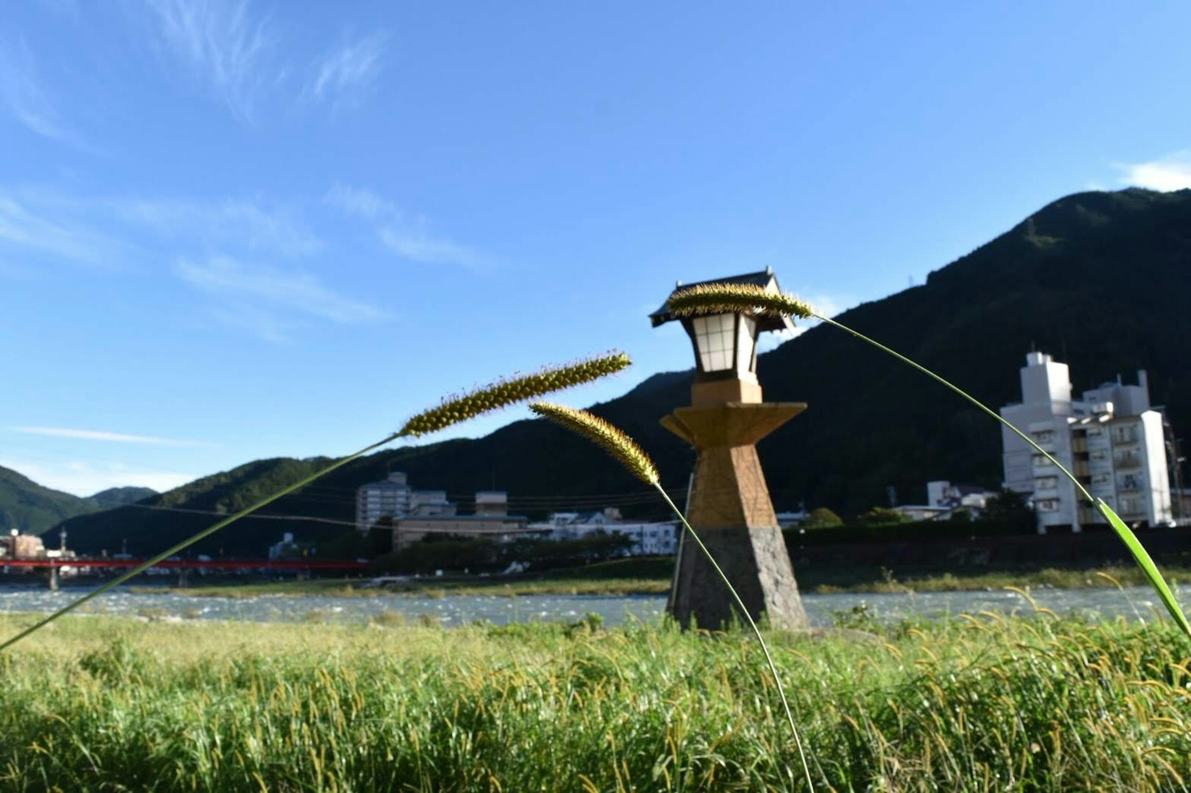 Modern tower standing under a blue sky with green grassland