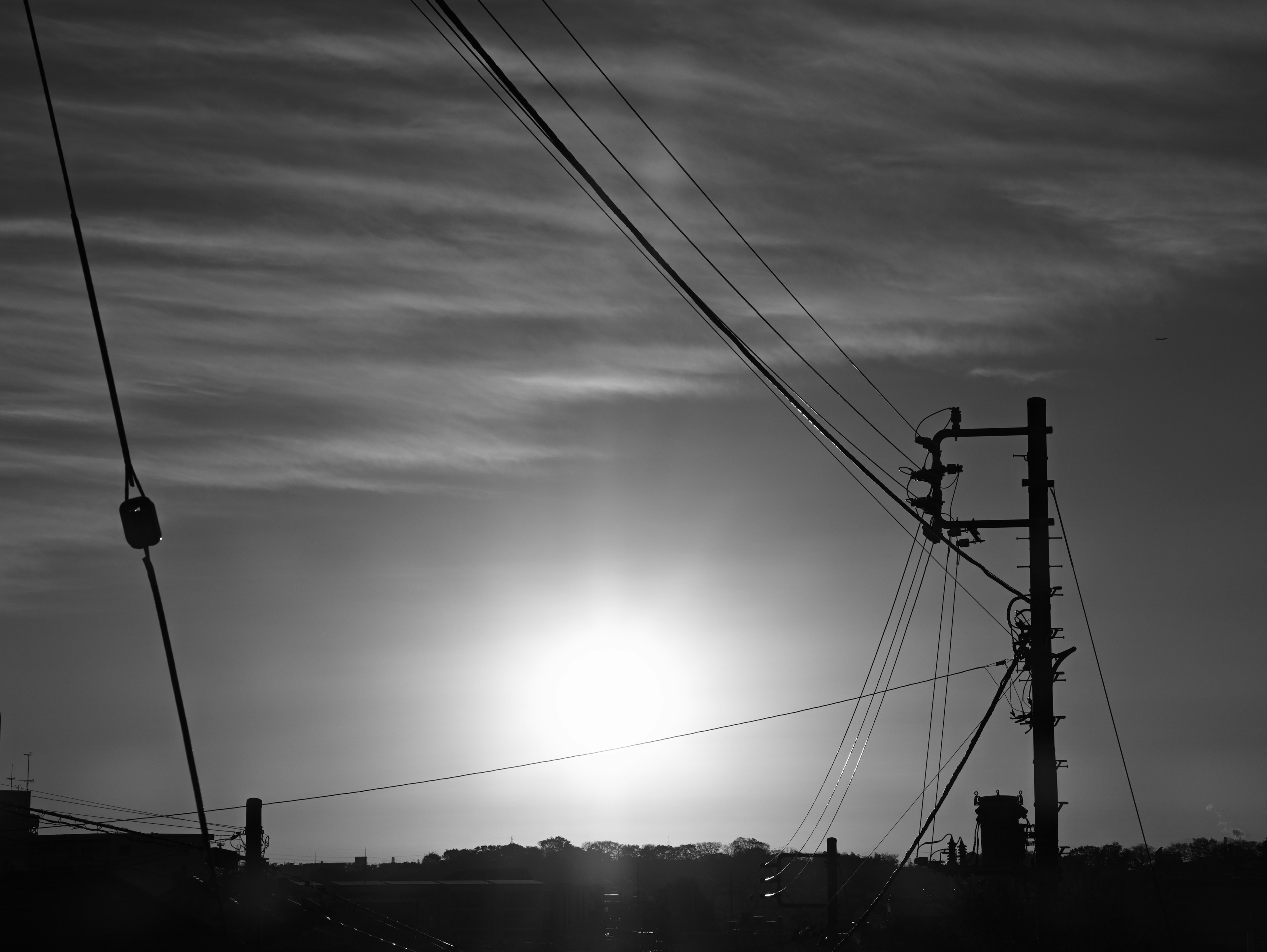 Black and white landscape featuring a sunset and a utility pole