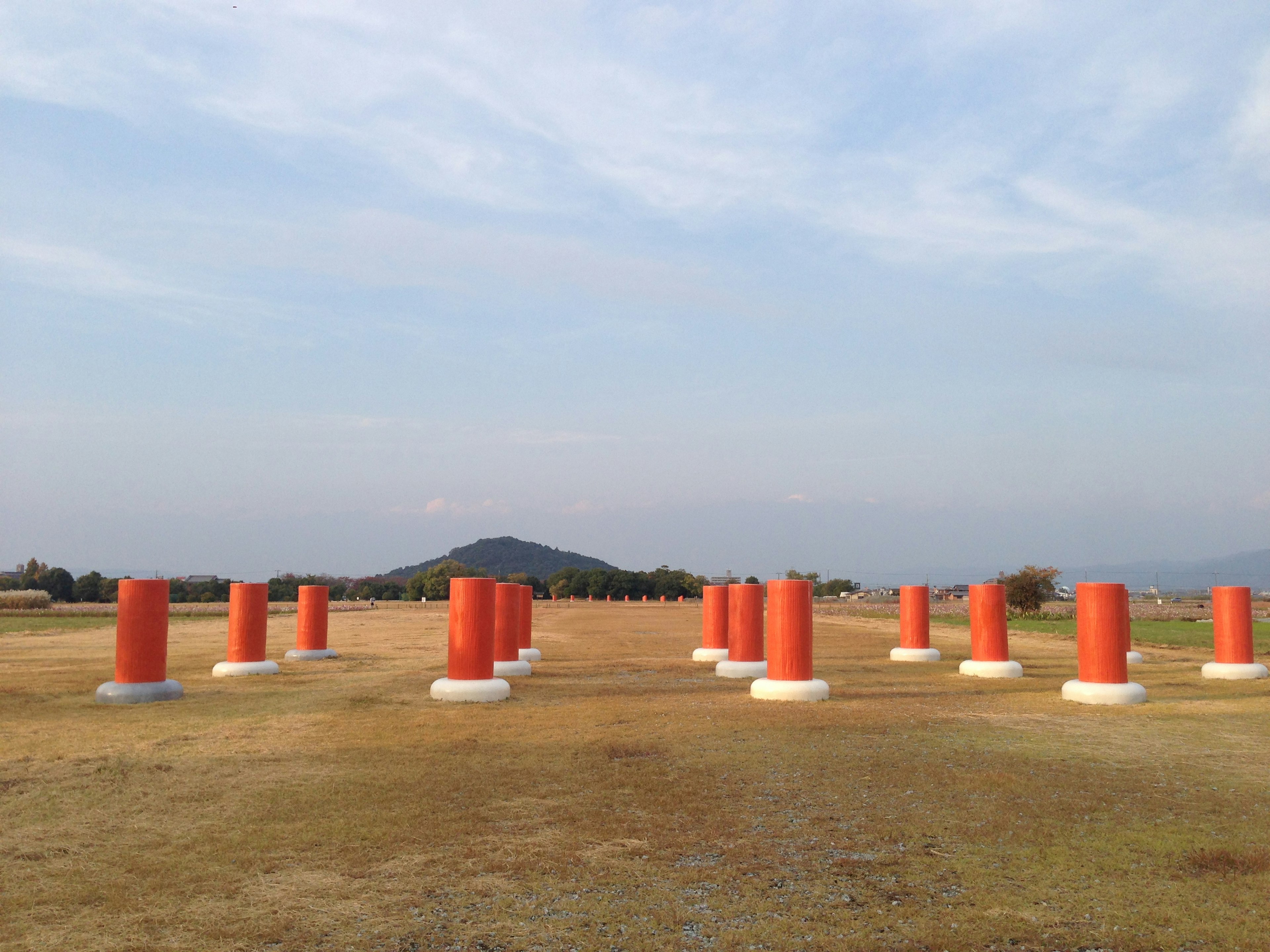 Un paysage avec des piliers cylindriques orange disposés sur un terrain herbeux