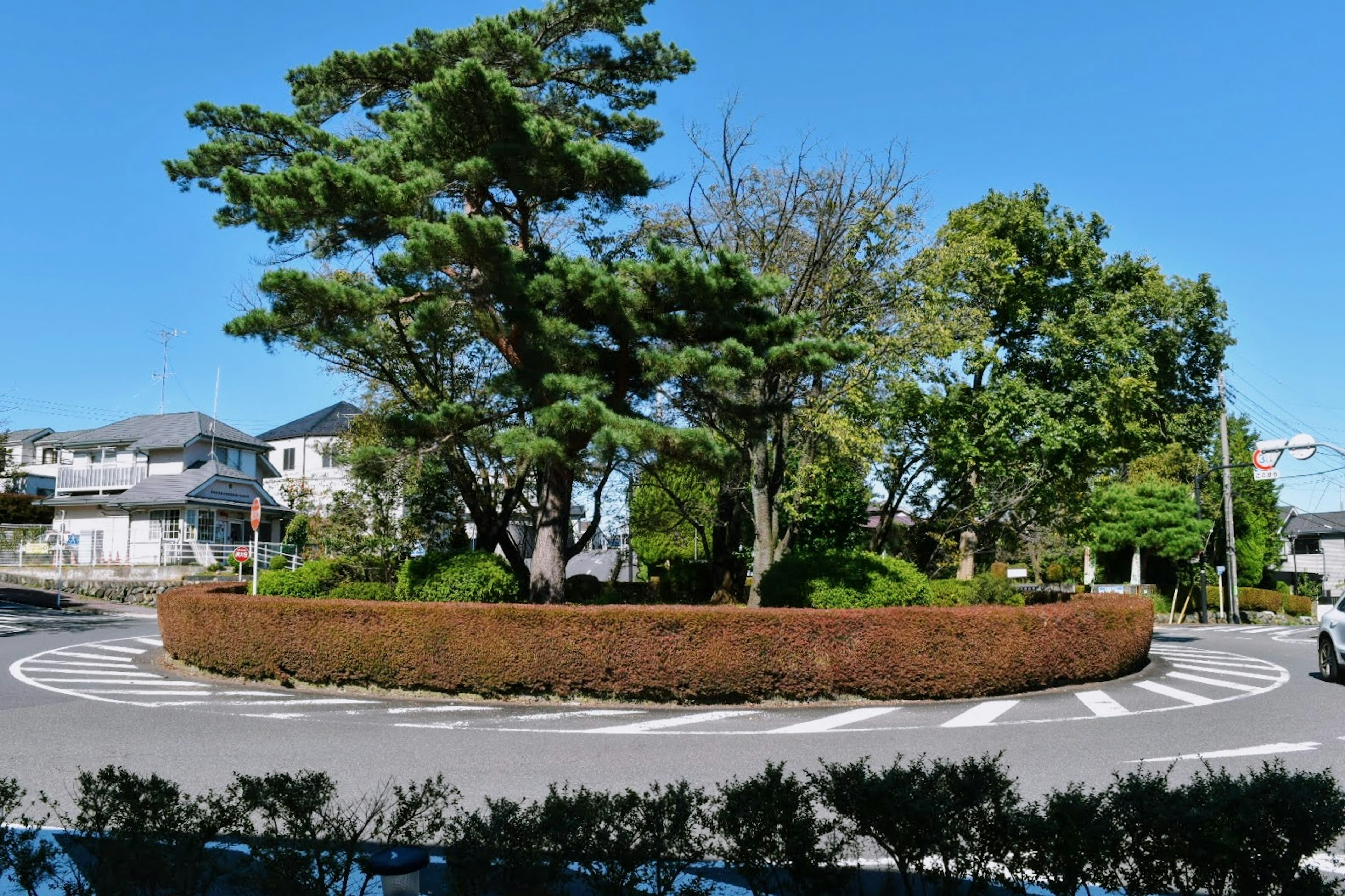 Malersicher Blick auf einen Kreisverkehr mit üppigen Bäumen und einer niedrigen Hecke