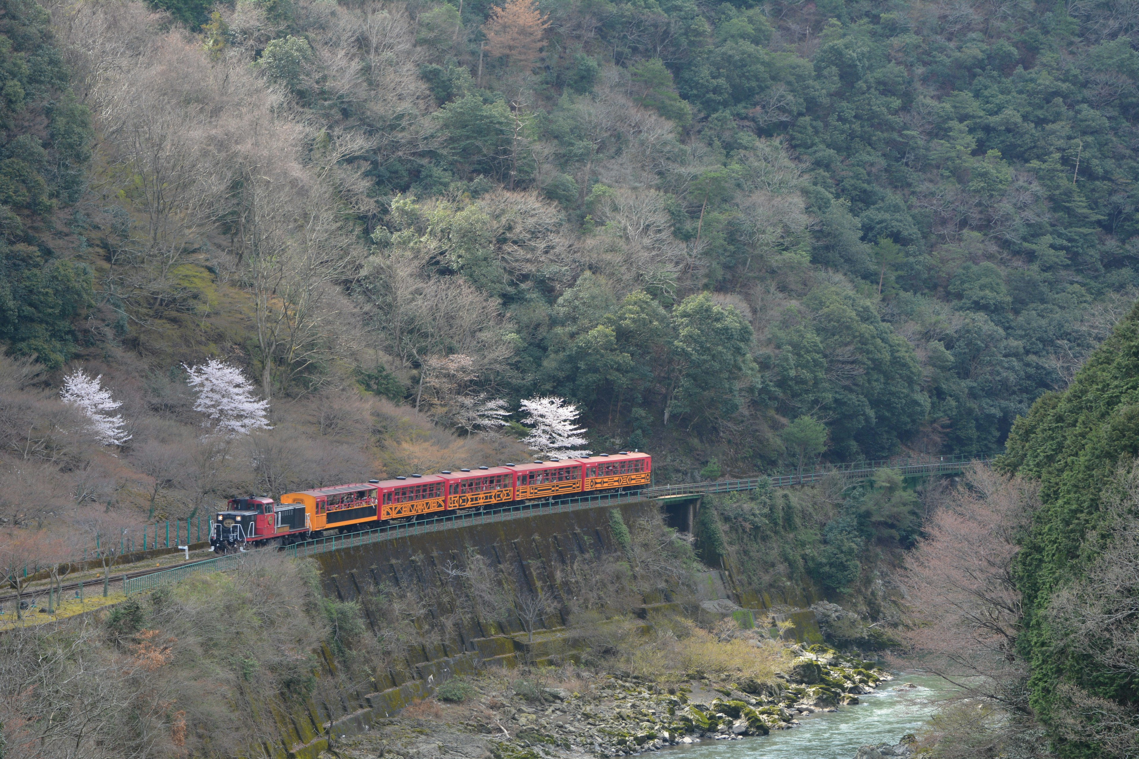 Red train traveling through green mountains and a river landscape