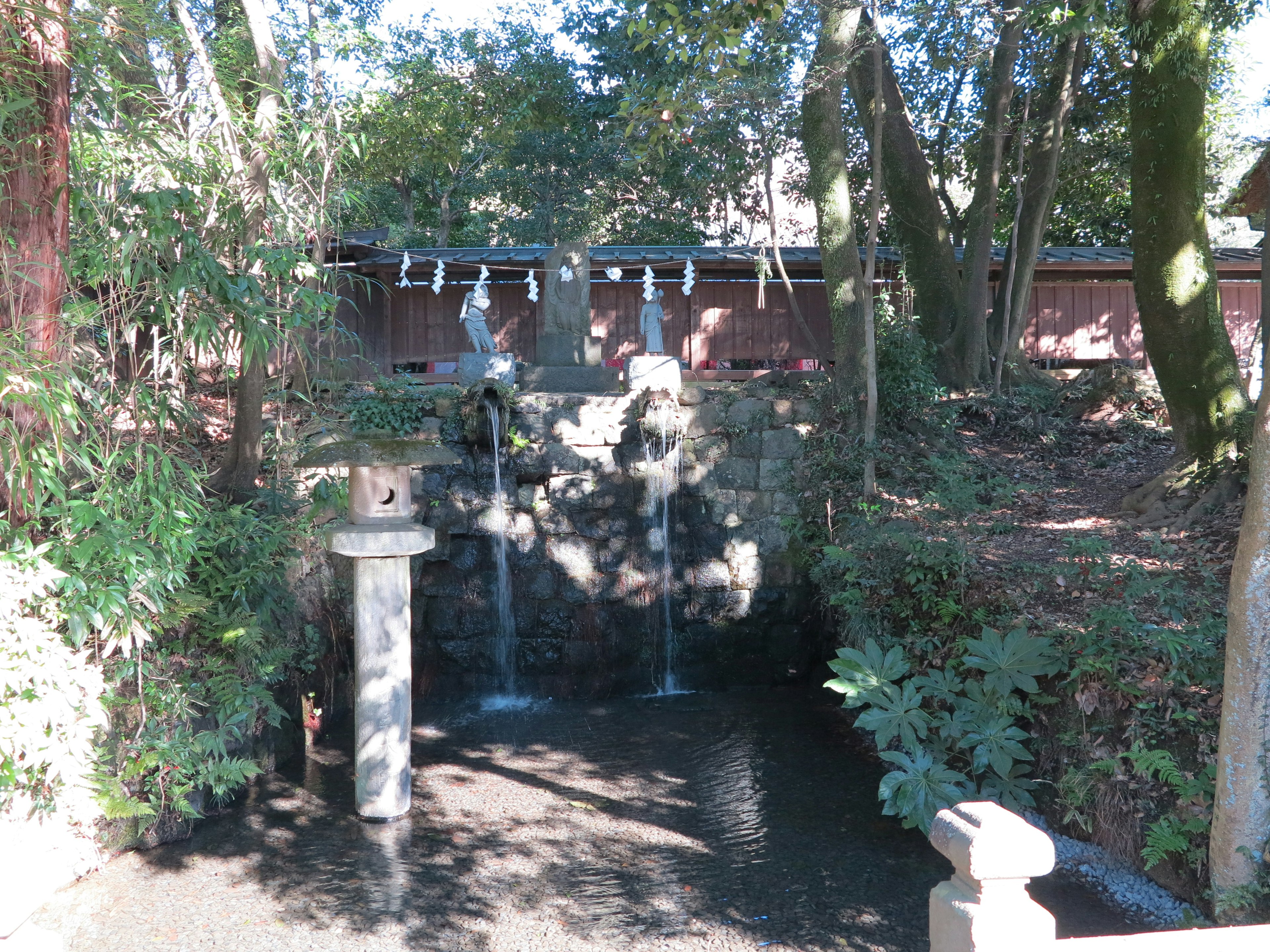 Une scène sereine avec une petite cascade et un étang tranquille entouré de verdure