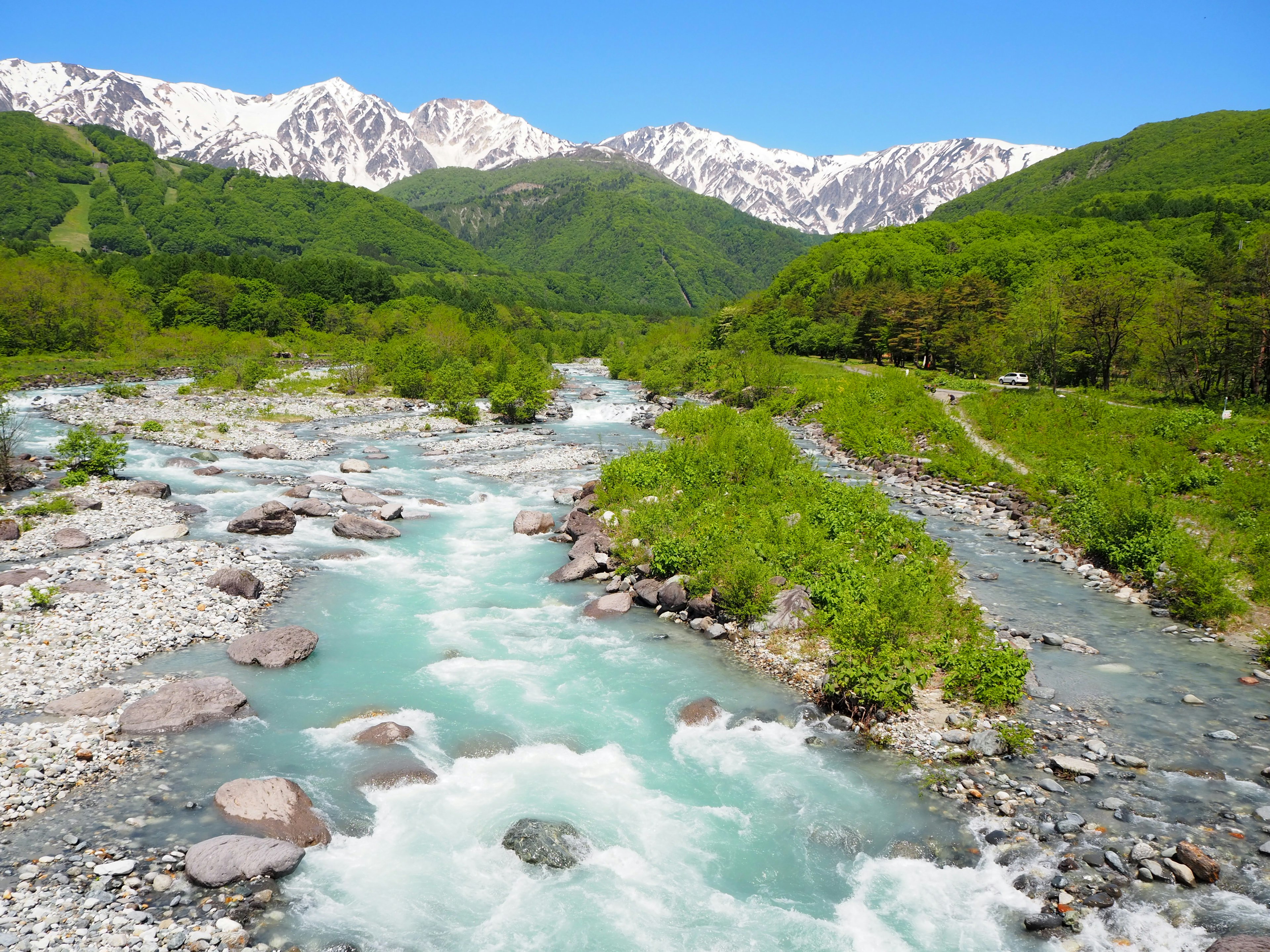 Vue panoramique d'une rivière turquoise traversant une vallée verdoyante avec des montagnes enneigées