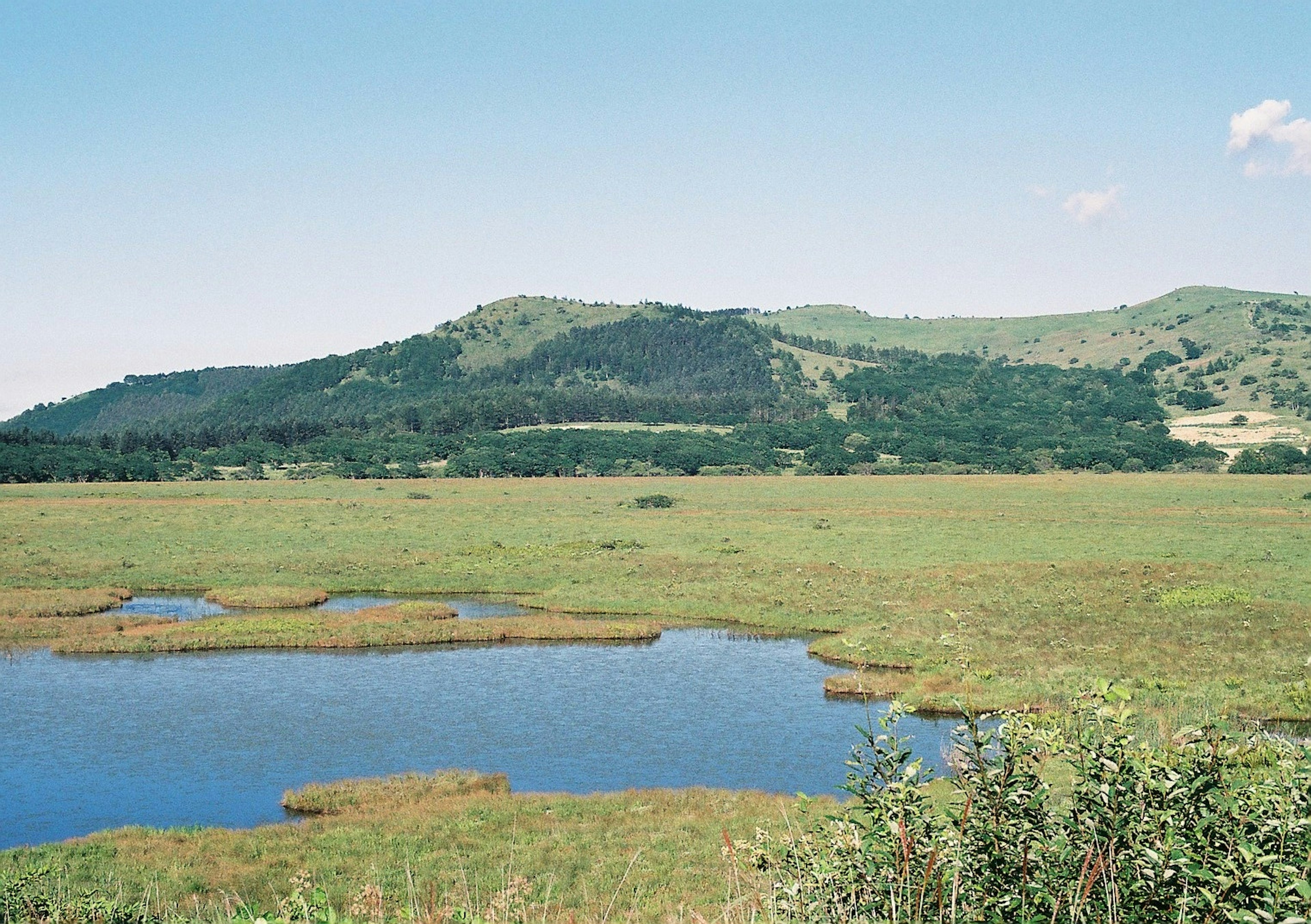 Pradera verde con un cuerpo de agua tranquilo y colinas distantes