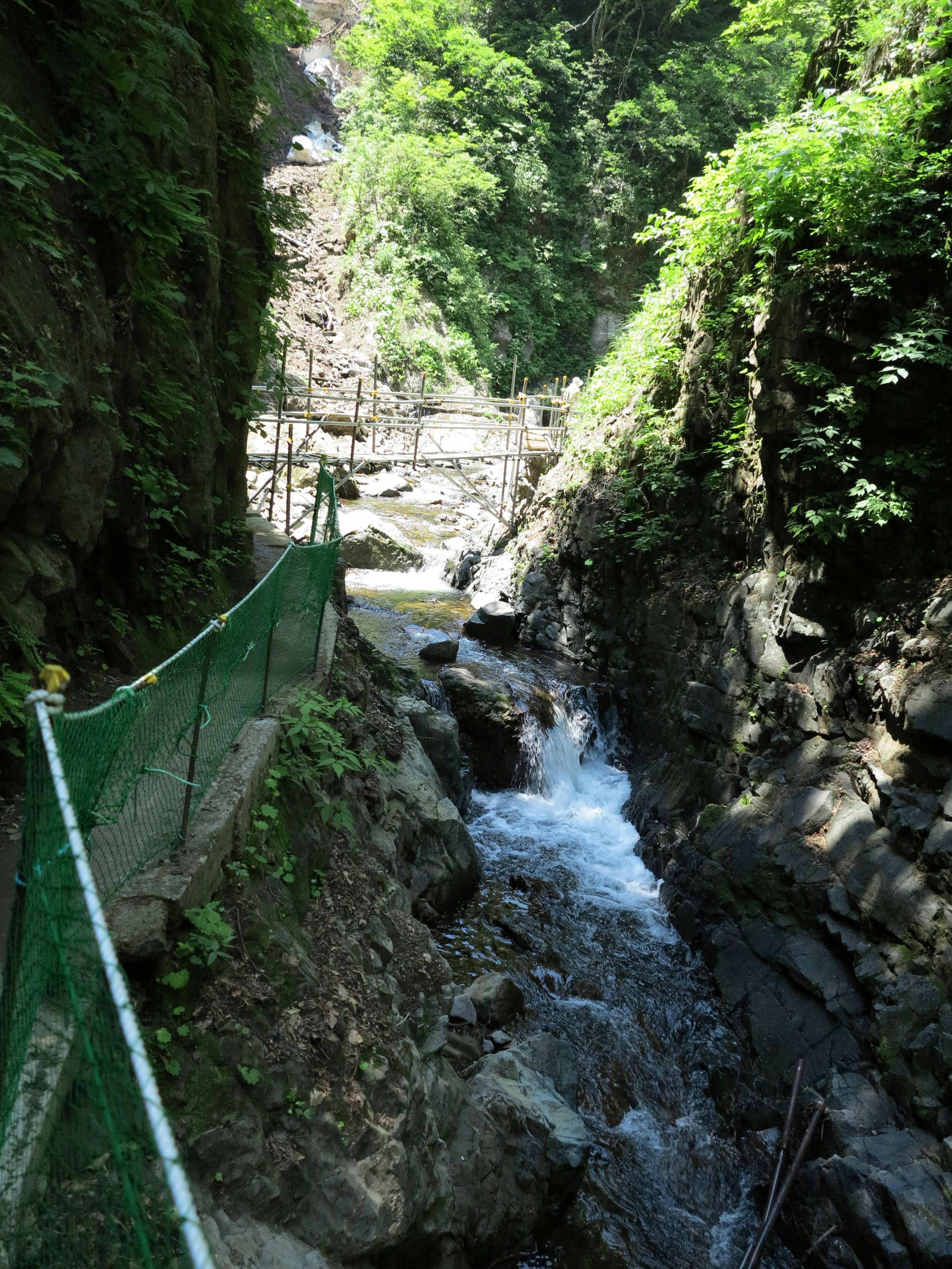 Un ruscello stretto che scorre attraverso un canyon verdeggiante con una recinzione di sicurezza lungo il sentiero