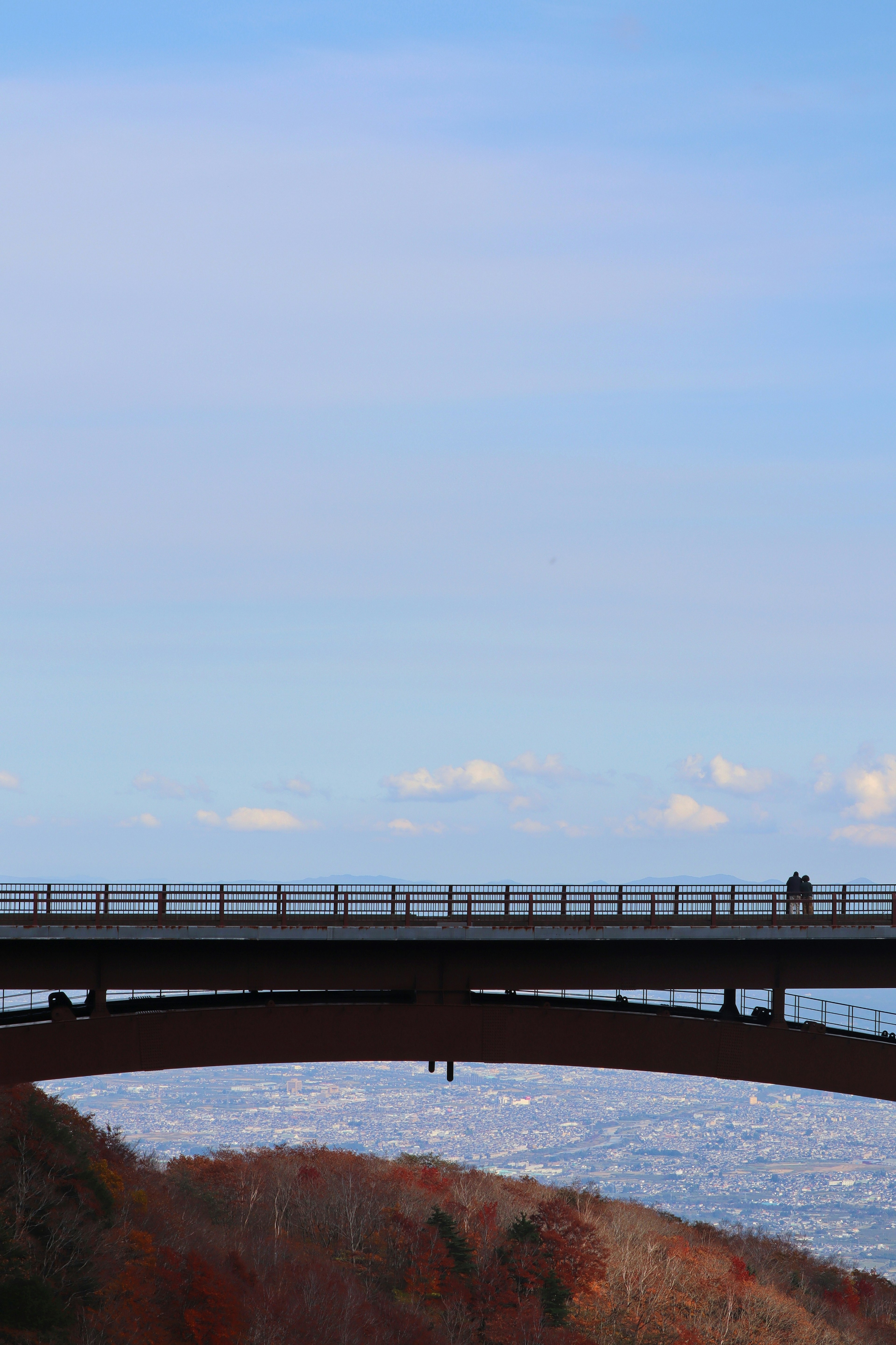 A bridge over blue sky and ocean with autumn foliage below