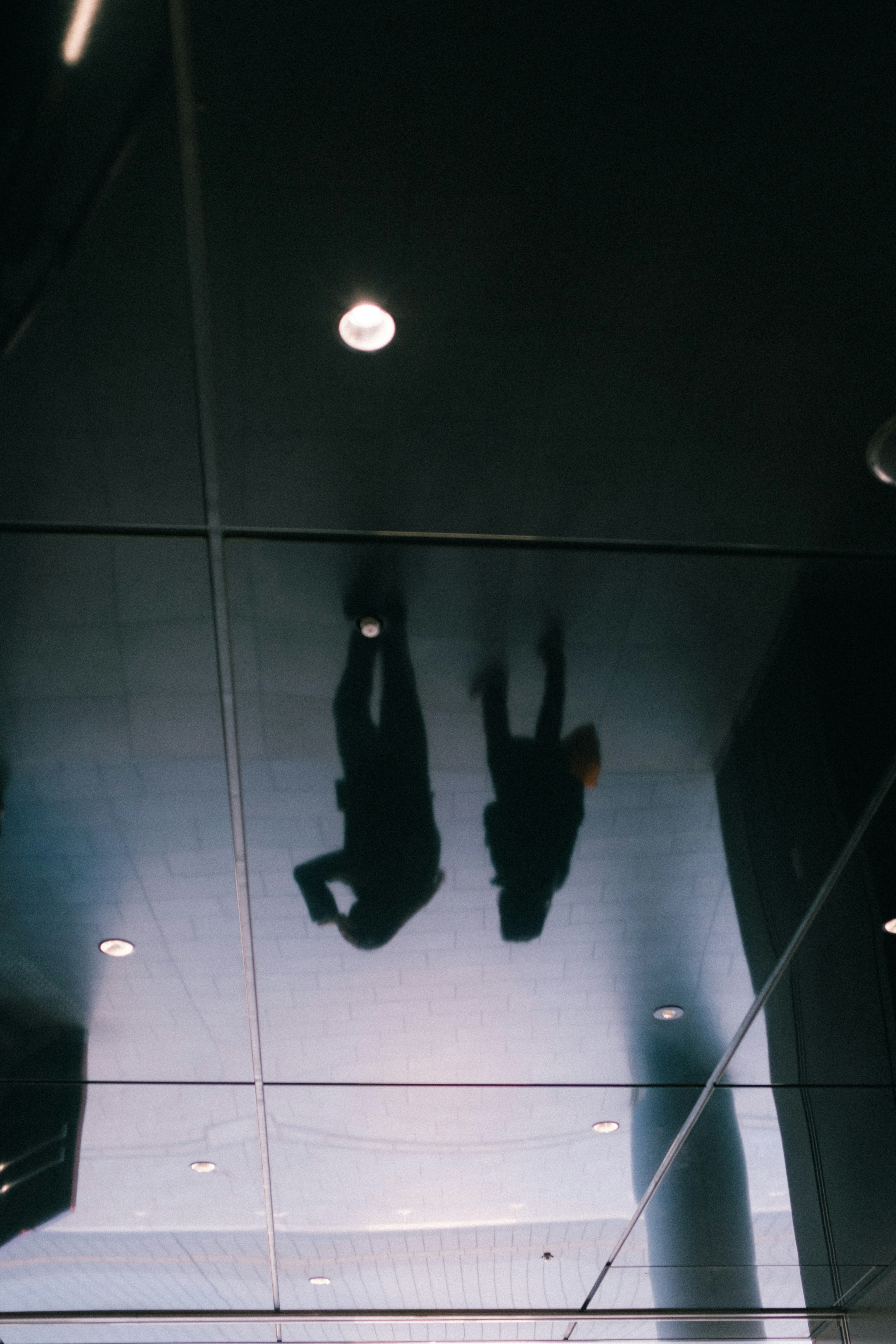 Ombres de deux personnes réfléchies sur un plafond brillant avec des lumières vives