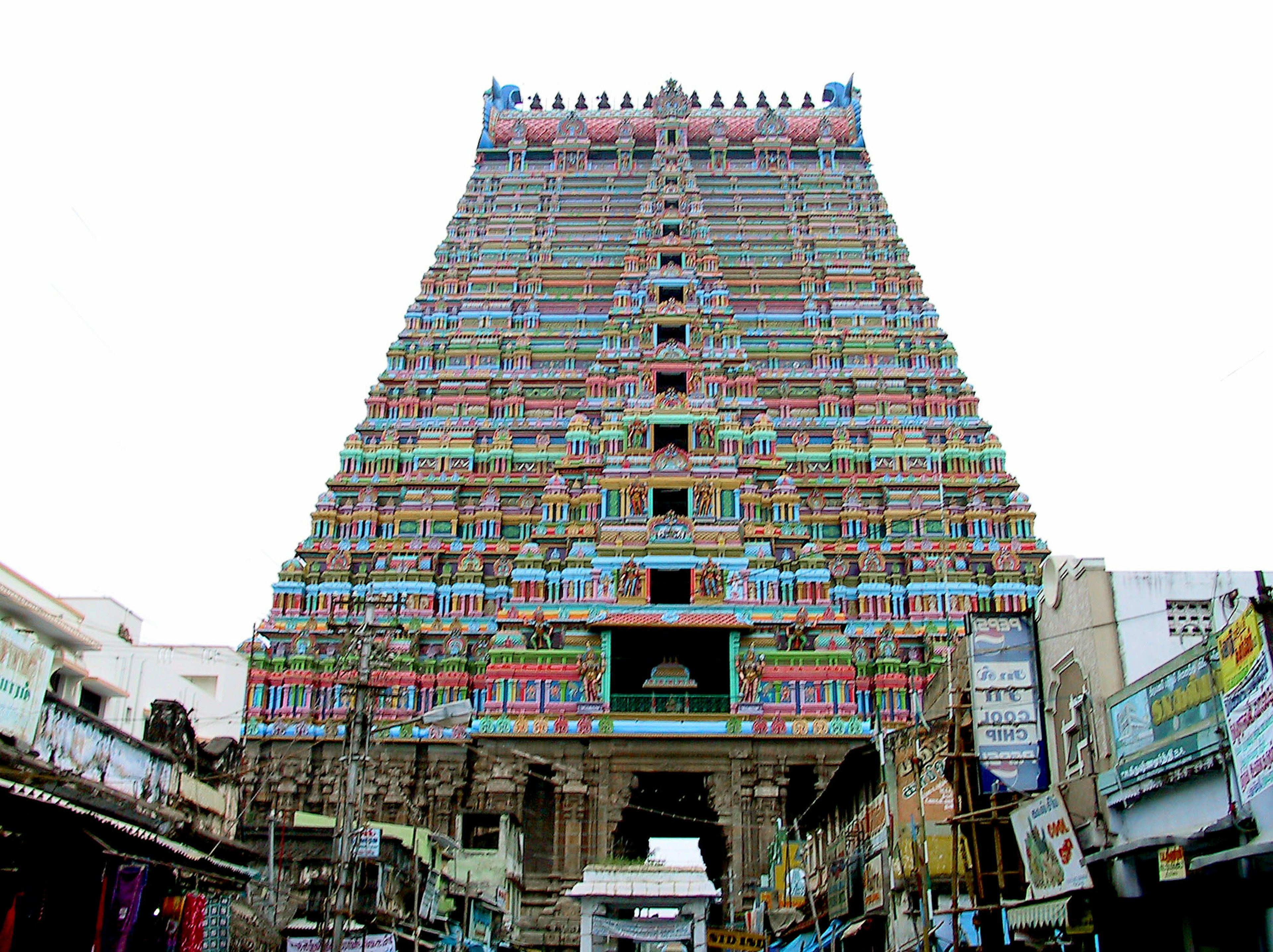 Colorfully decorated temple tower from South India