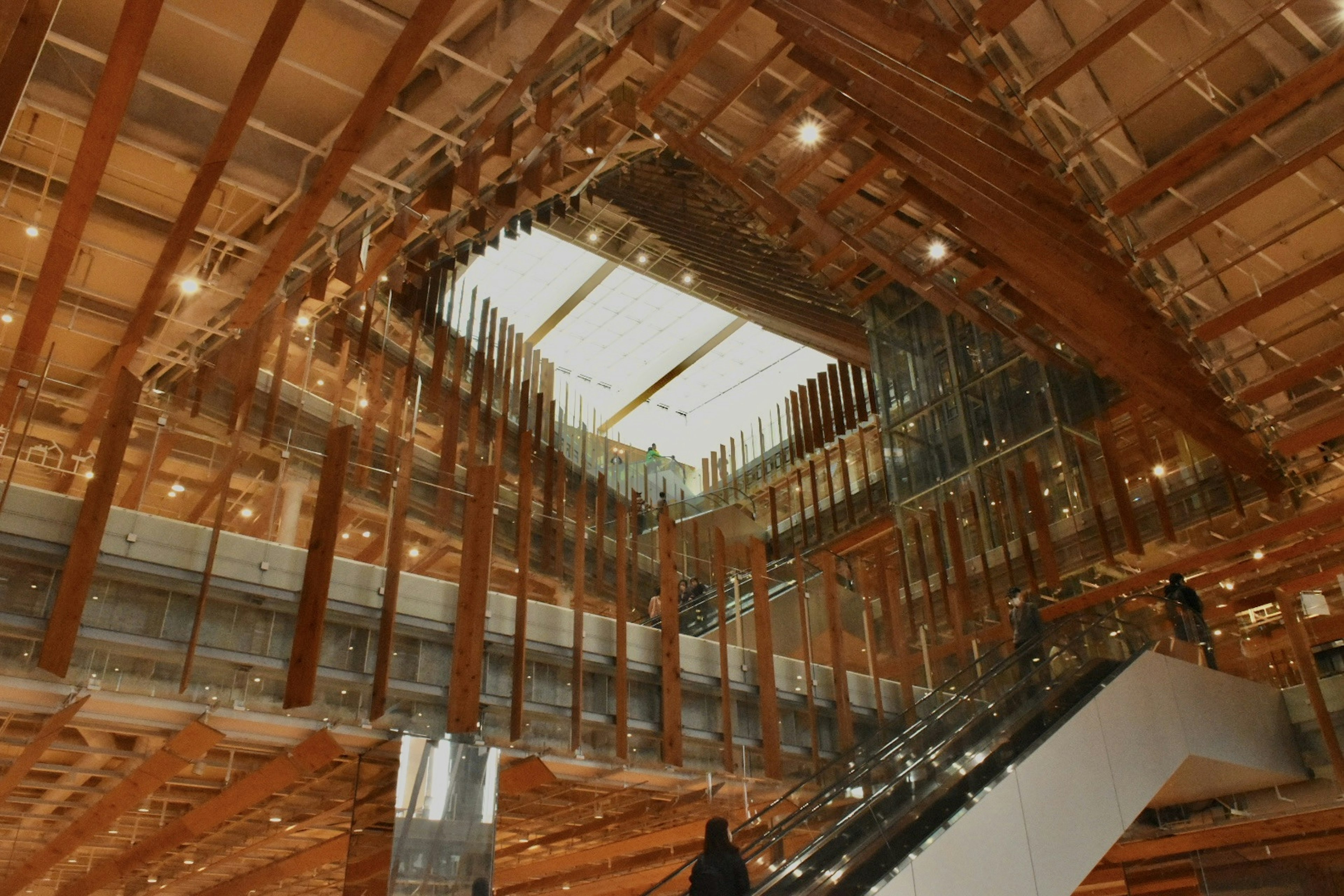 Interior of a modern building showcasing wooden beams and a skylight