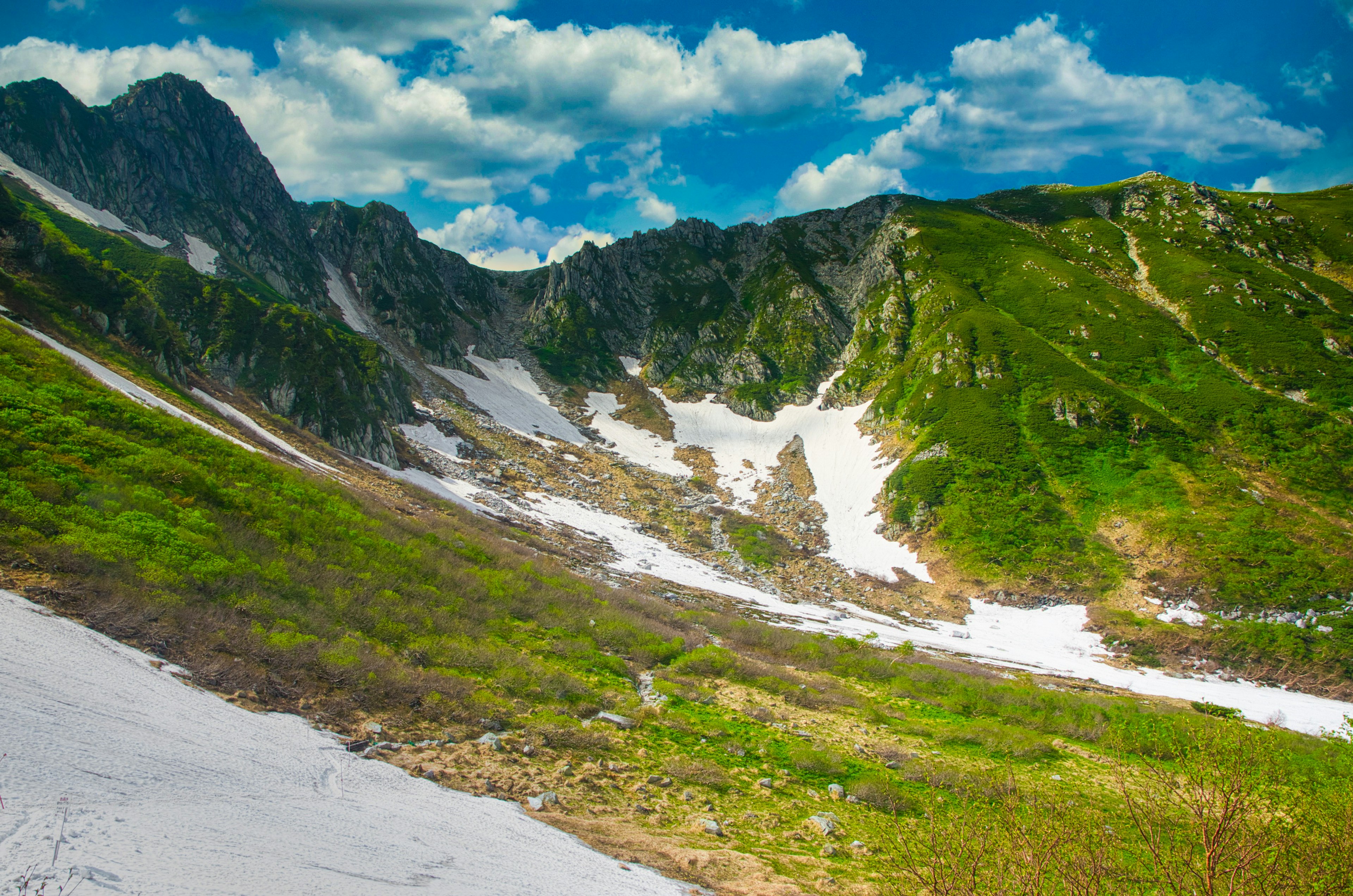 Vallée montagneuse pittoresque avec herbe verte et neige restante