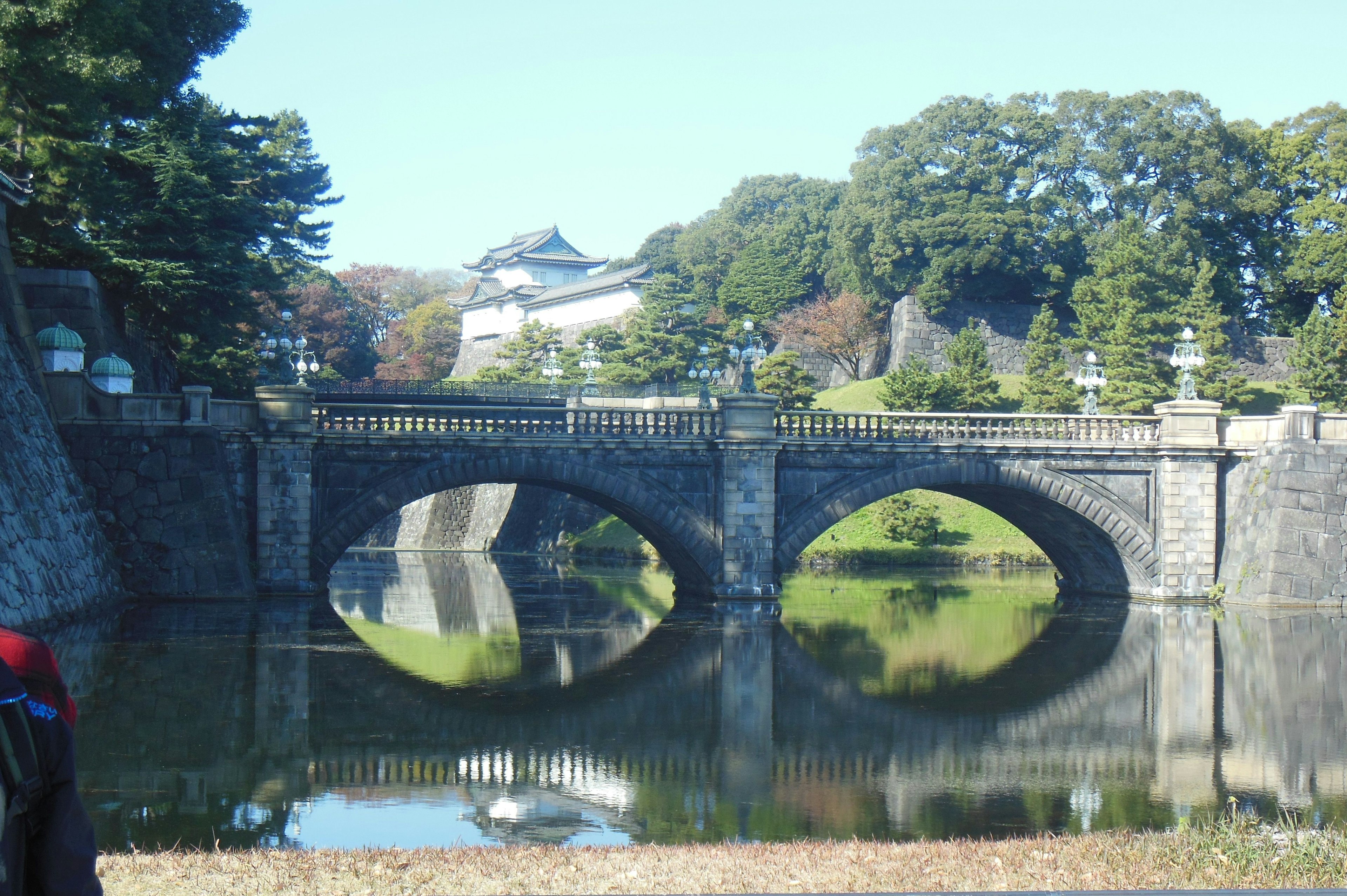 Scenic view of the Imperial Palace's Nijubashi bridge and its reflection