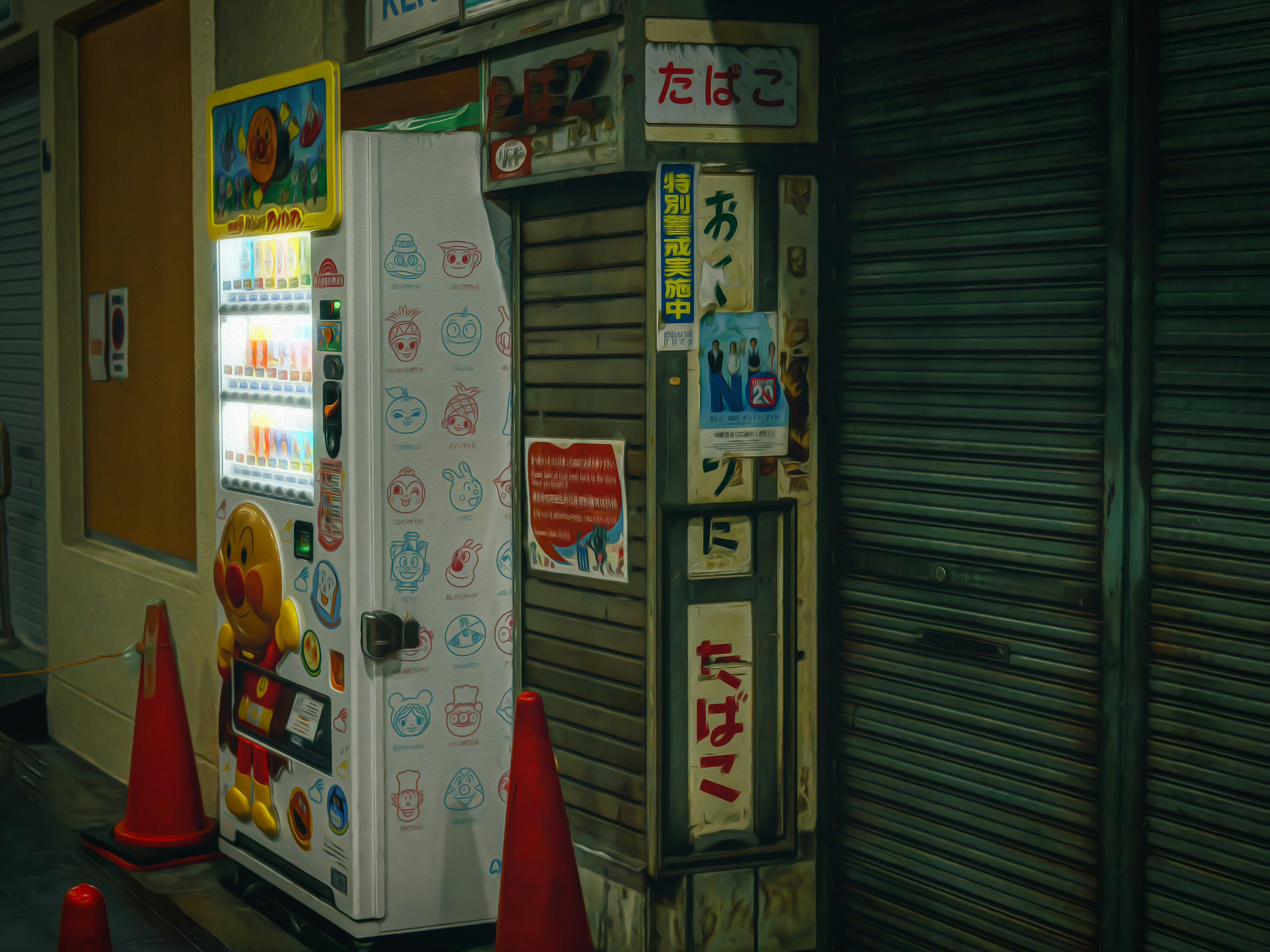 Vending machine and vintage signage at a night street corner