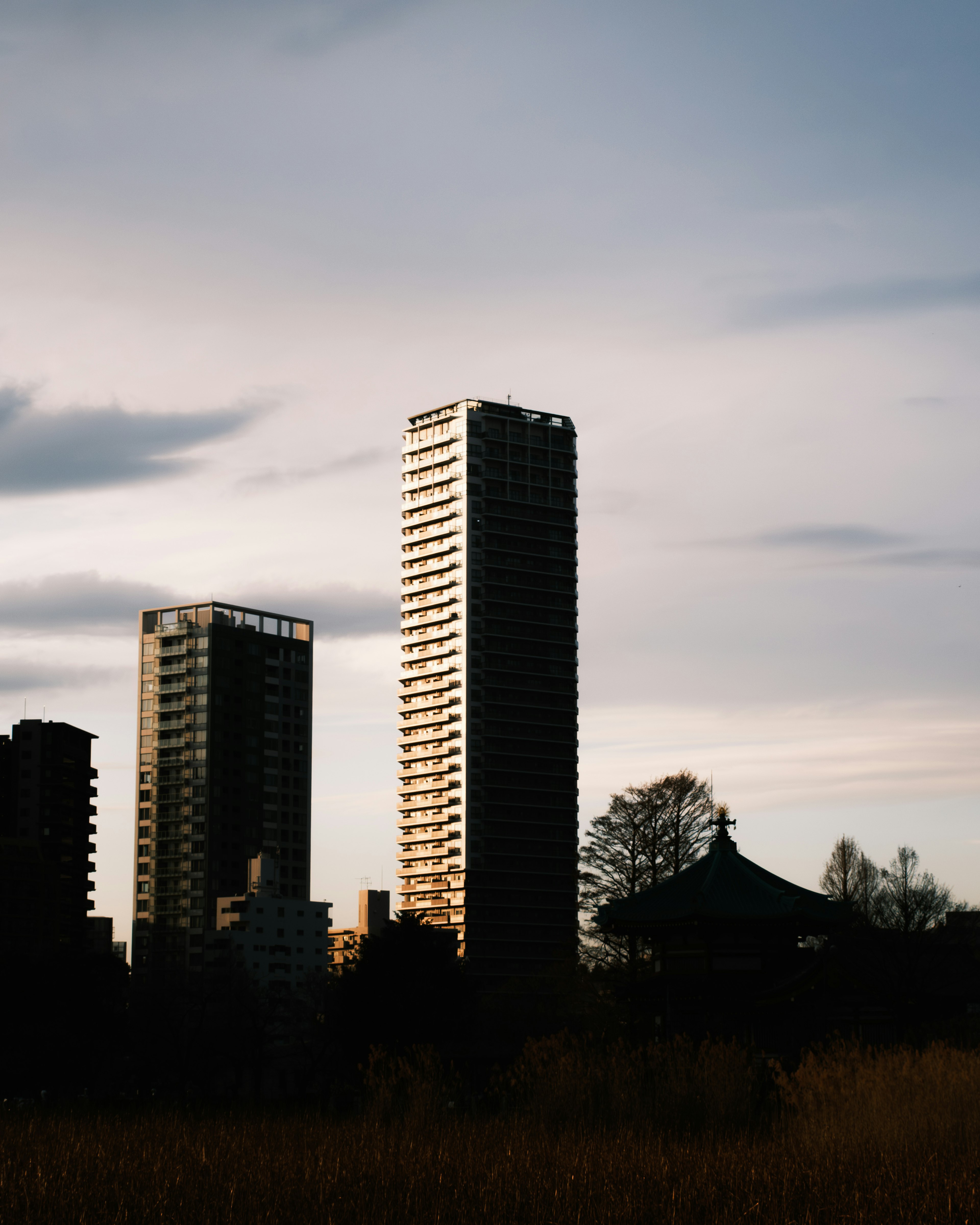 Silhouette de grands bâtiments contre un ciel dramatique