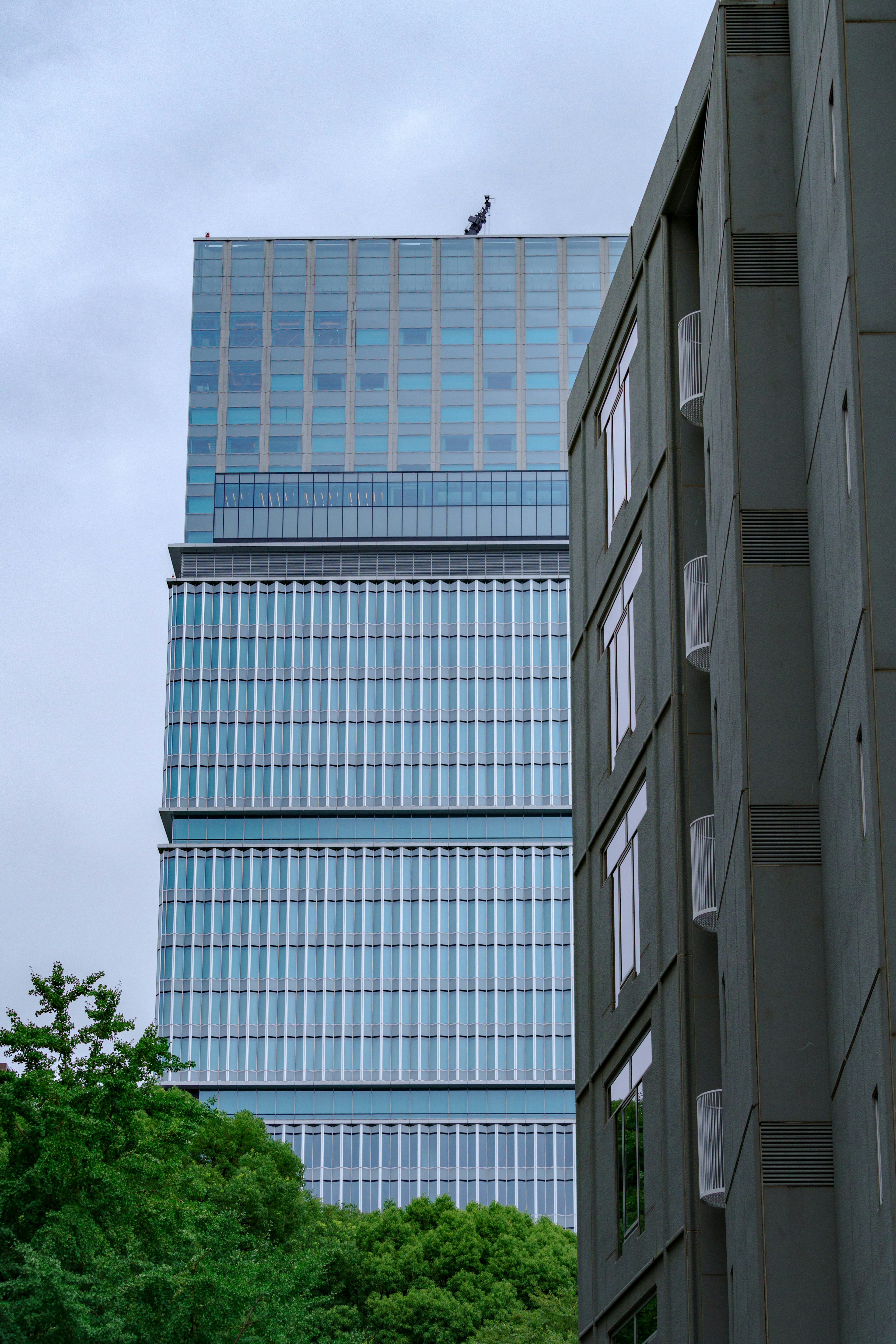 Urban landscape featuring a tall glass building and greenery