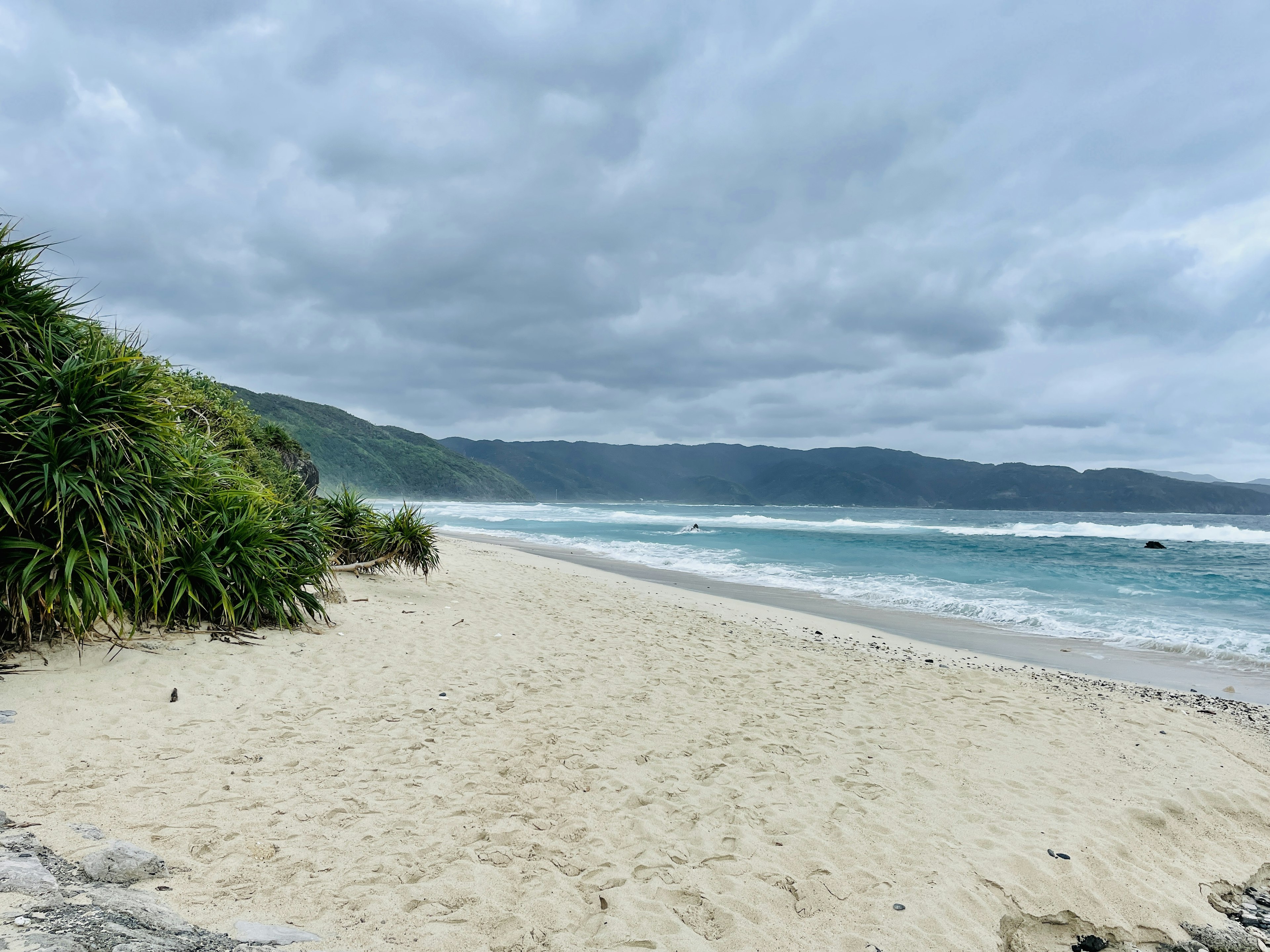 Scène côtière avec plage de sable et vagues sous un ciel nuageux