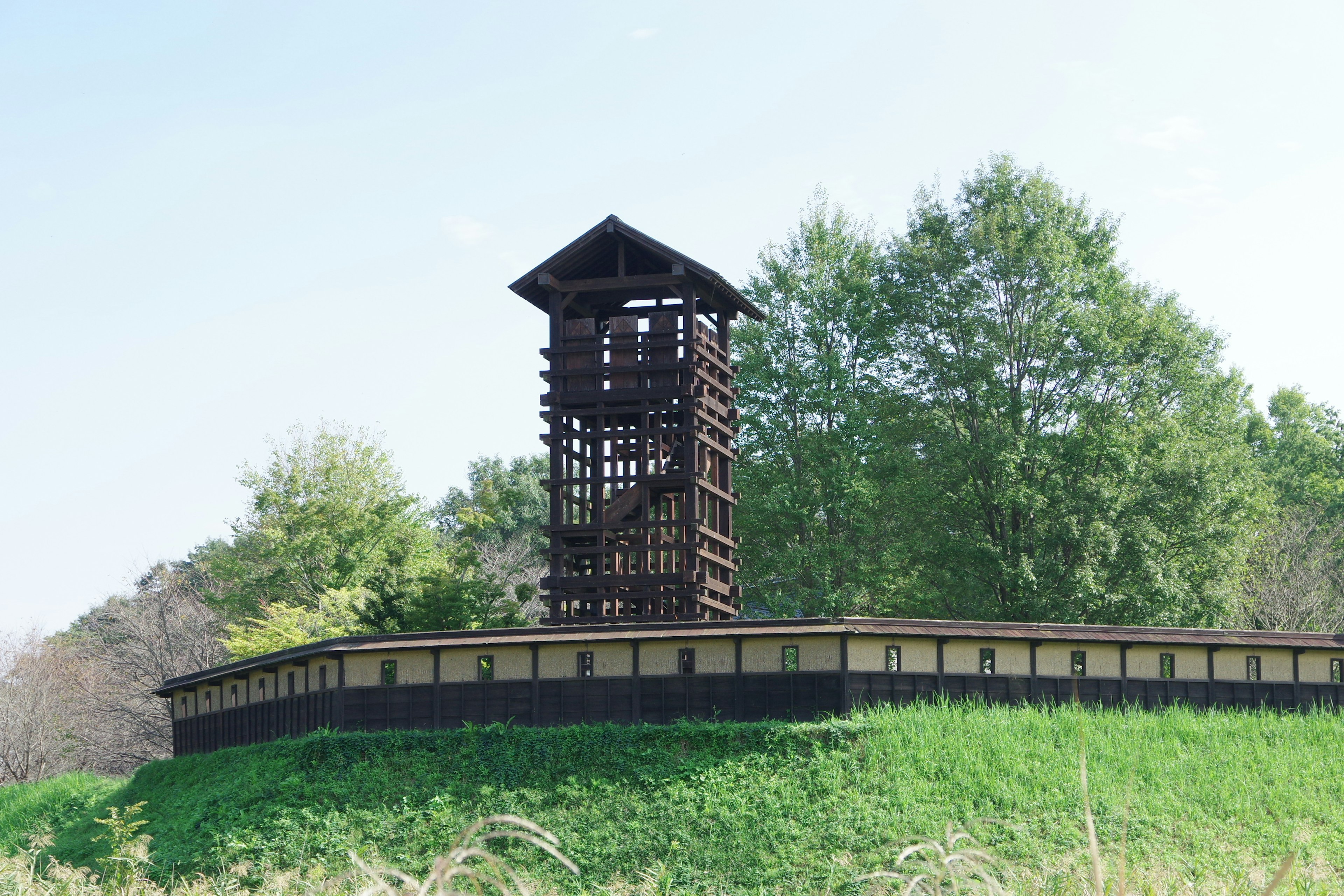 Holzturm, der auf einem grasbewachsenen Gelände steht