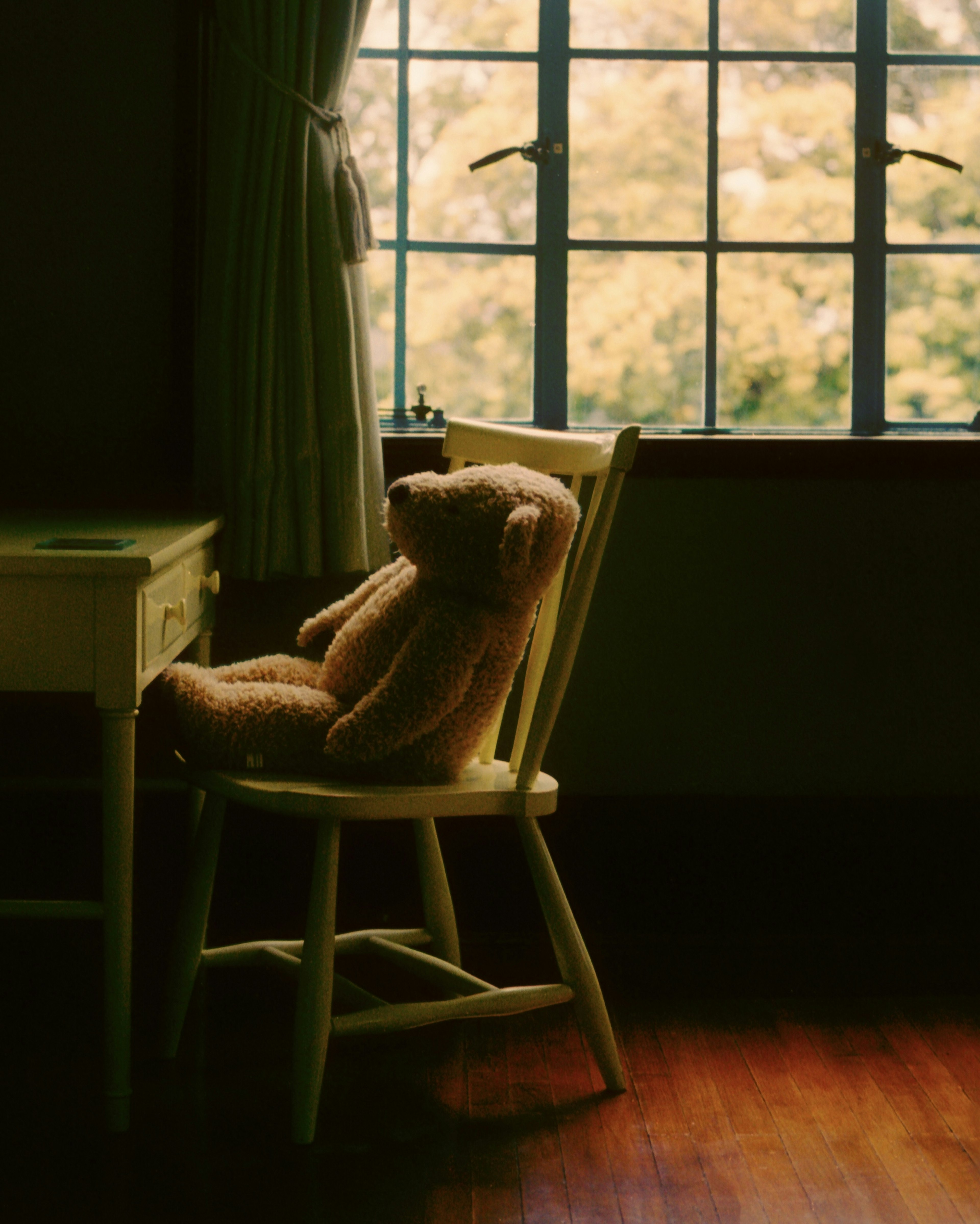 Un oso de peluche sentado en una silla de madera cerca de una ventana con luz natural suave