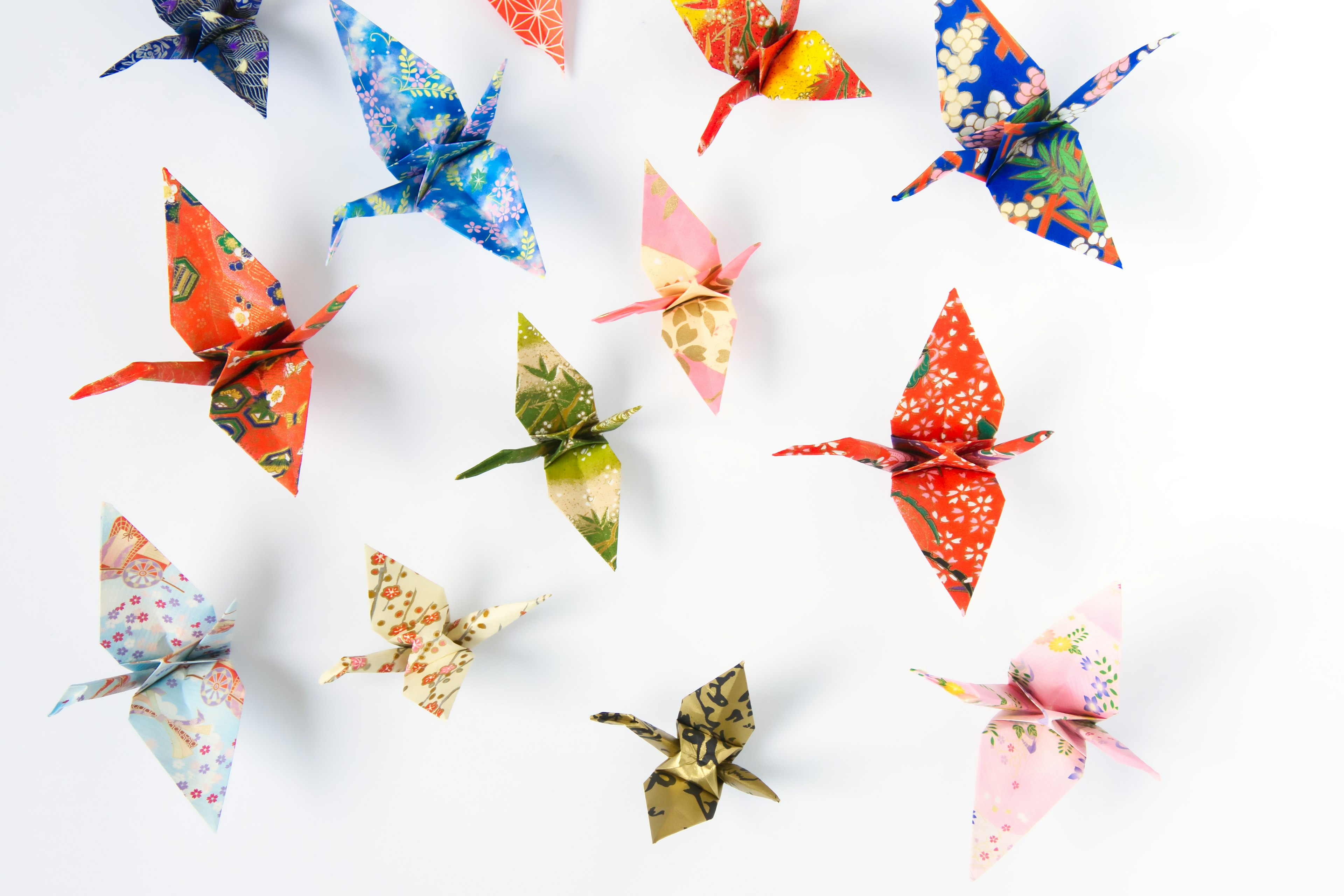 Colorful origami cranes scattered on a white background