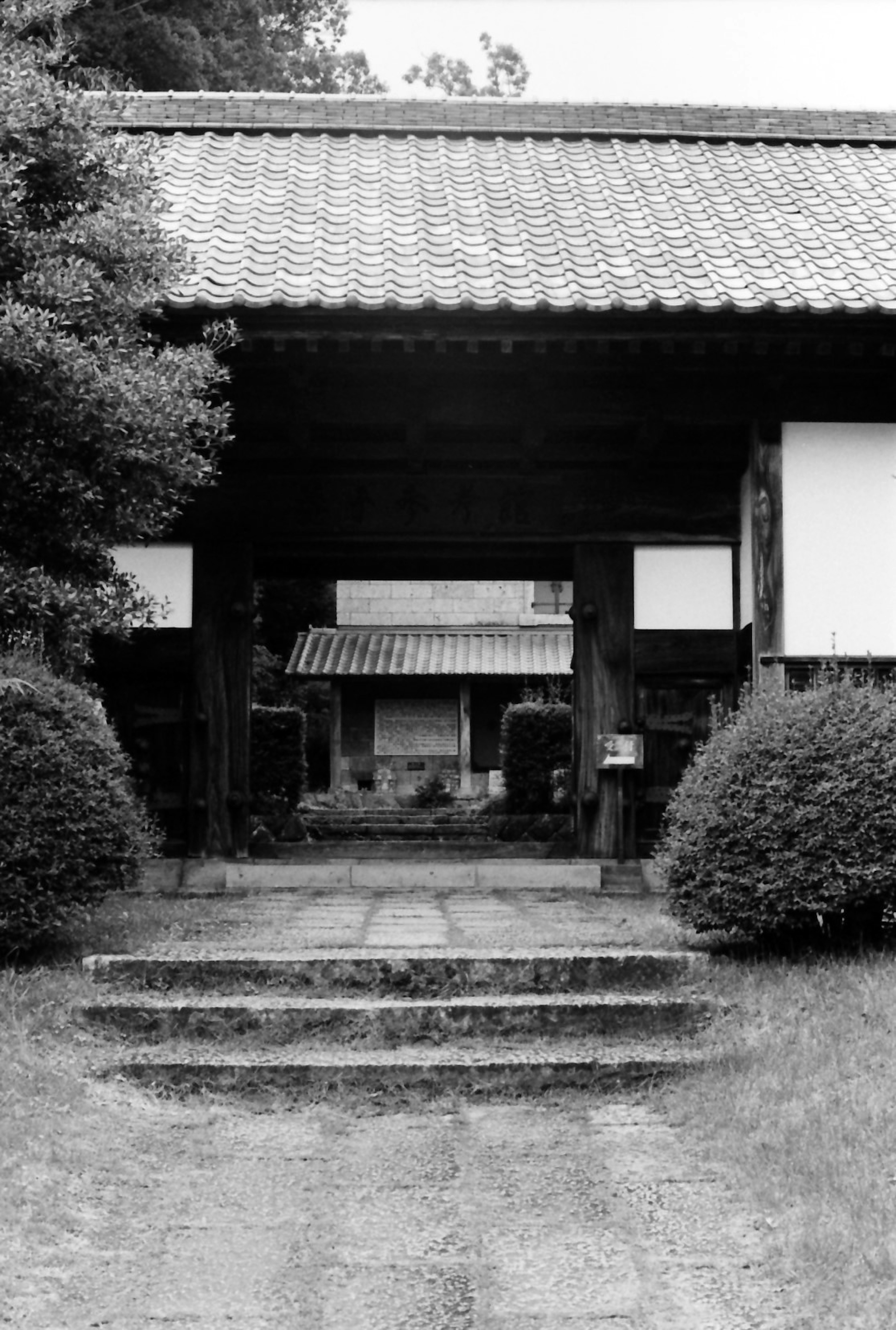 Traditionelles japanisches Tor mit Steinstufen und umliegendem Grün