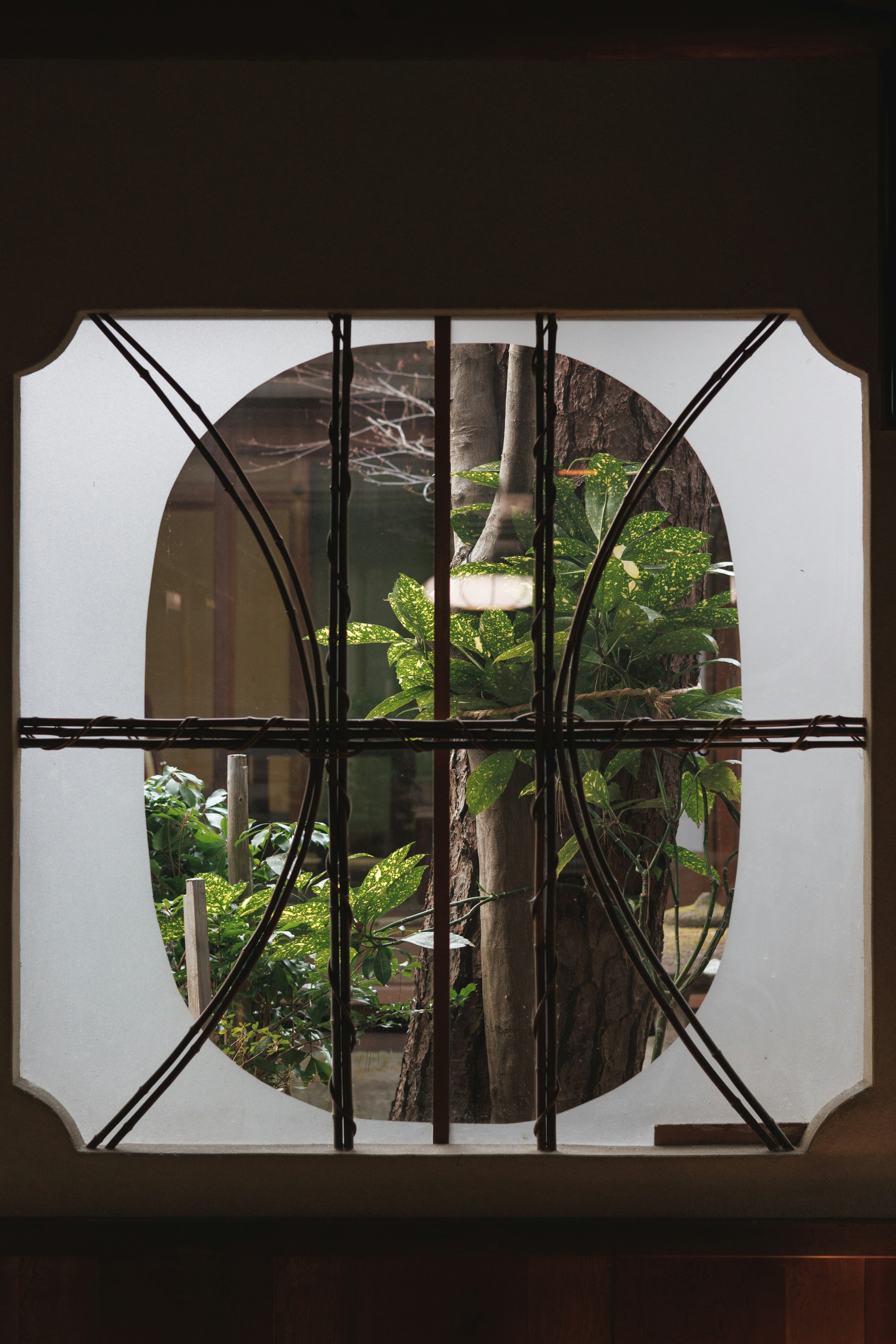 A beautiful garden view framed by a wooden window