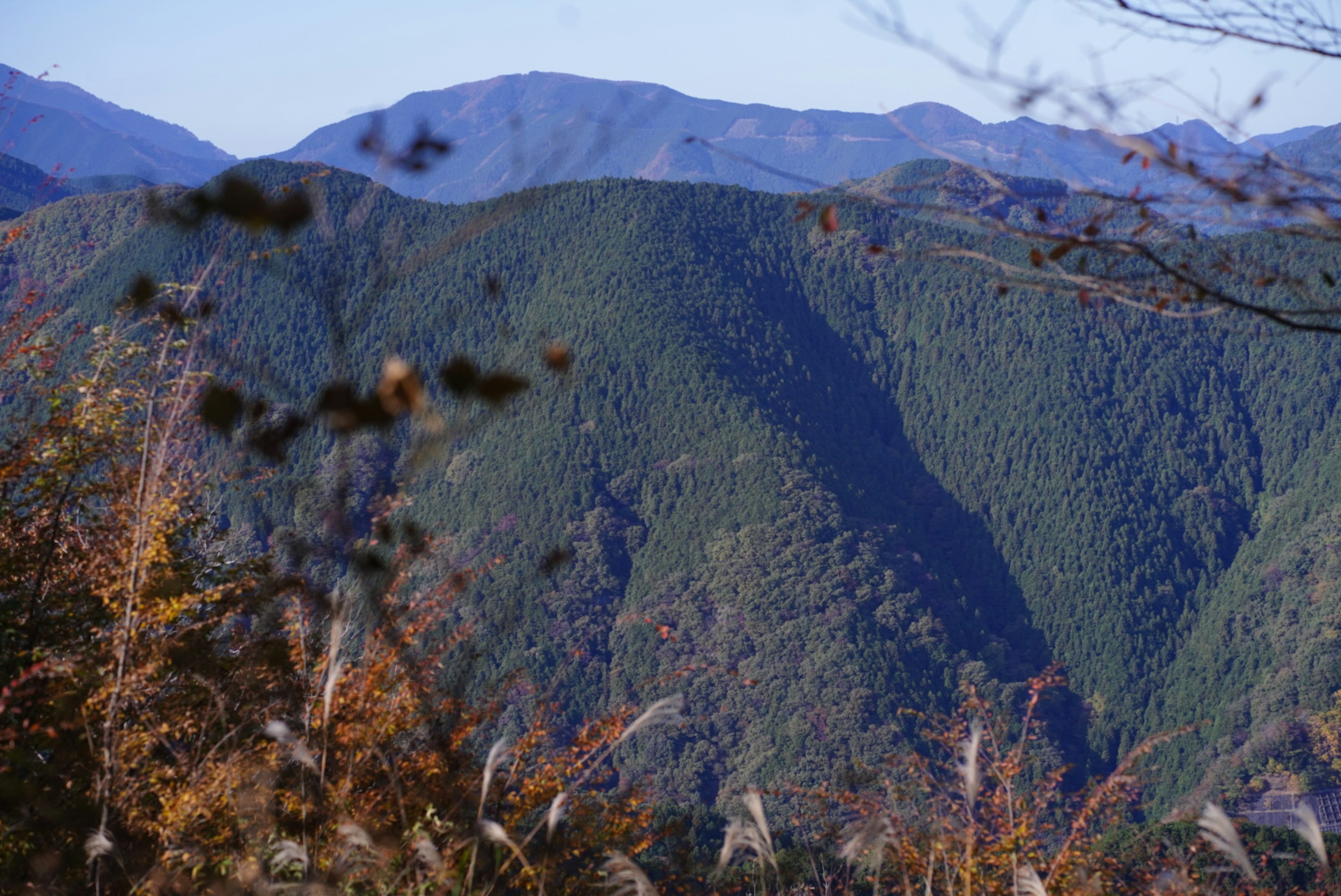 Vista panoramica di montagne verdi sotto un cielo azzurro