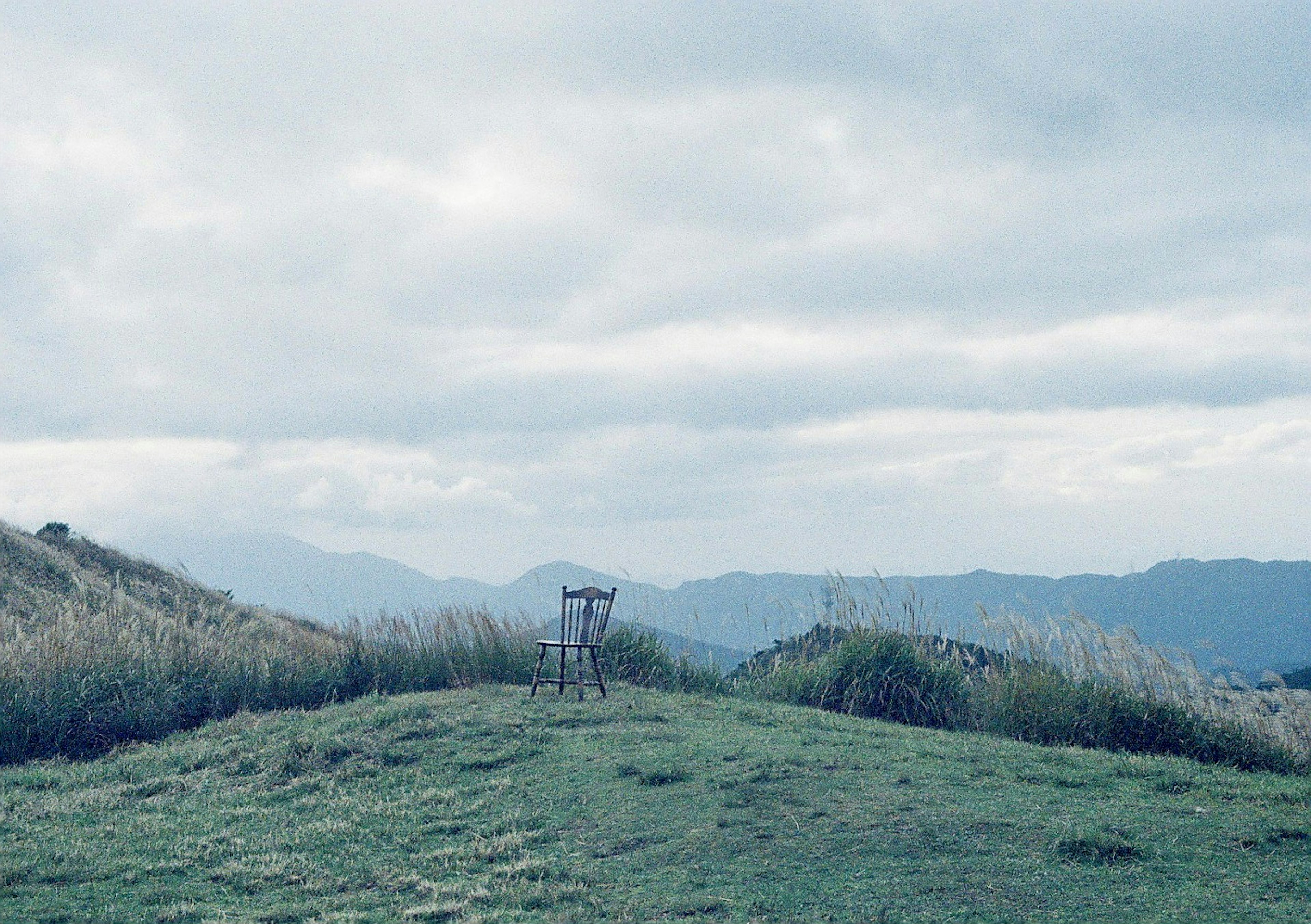 A small torii gate stands on a green hill under a cloudy sky