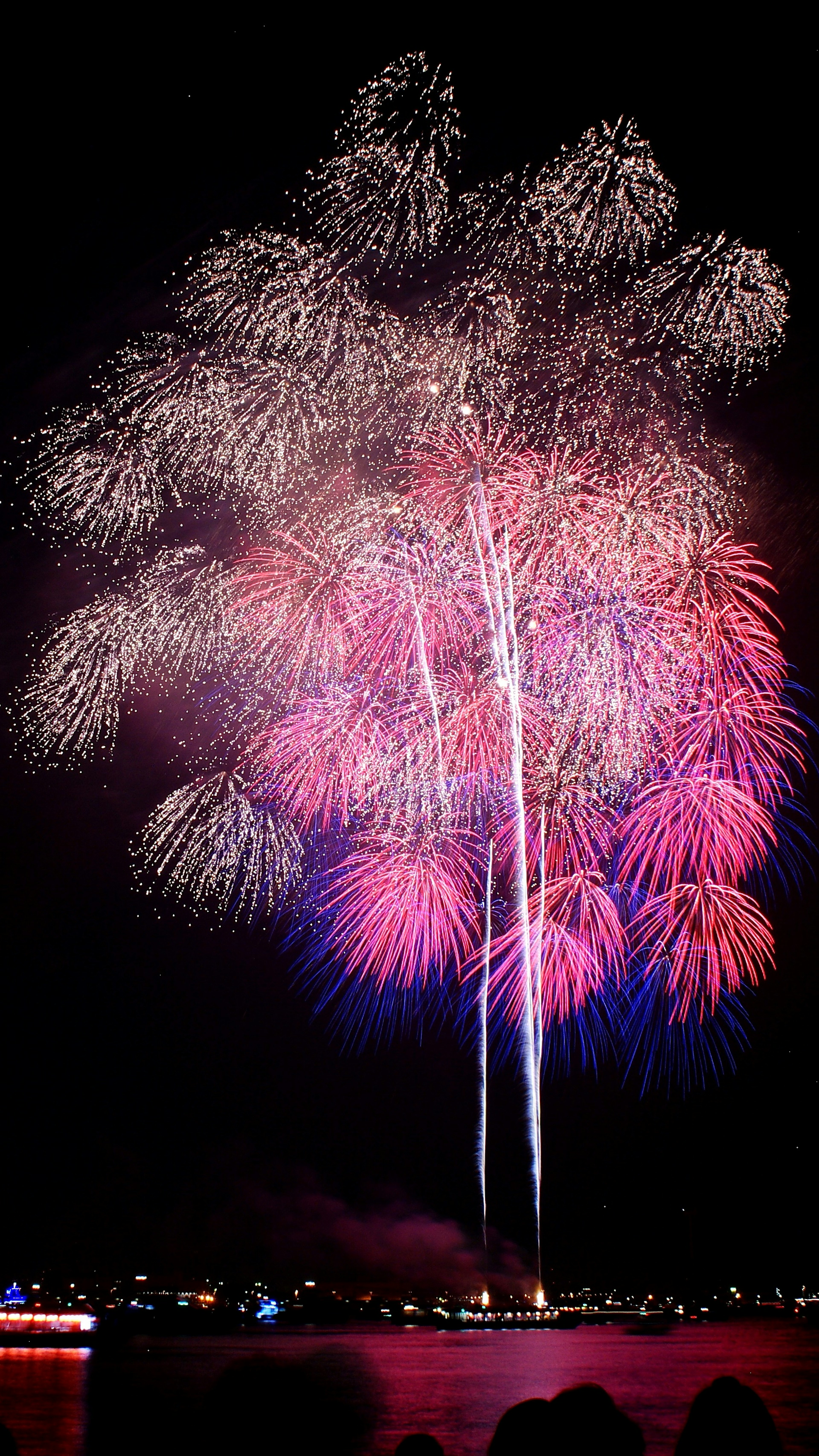 夜空中绚丽的烟花表演鲜艳的粉色和白色烟花绽放