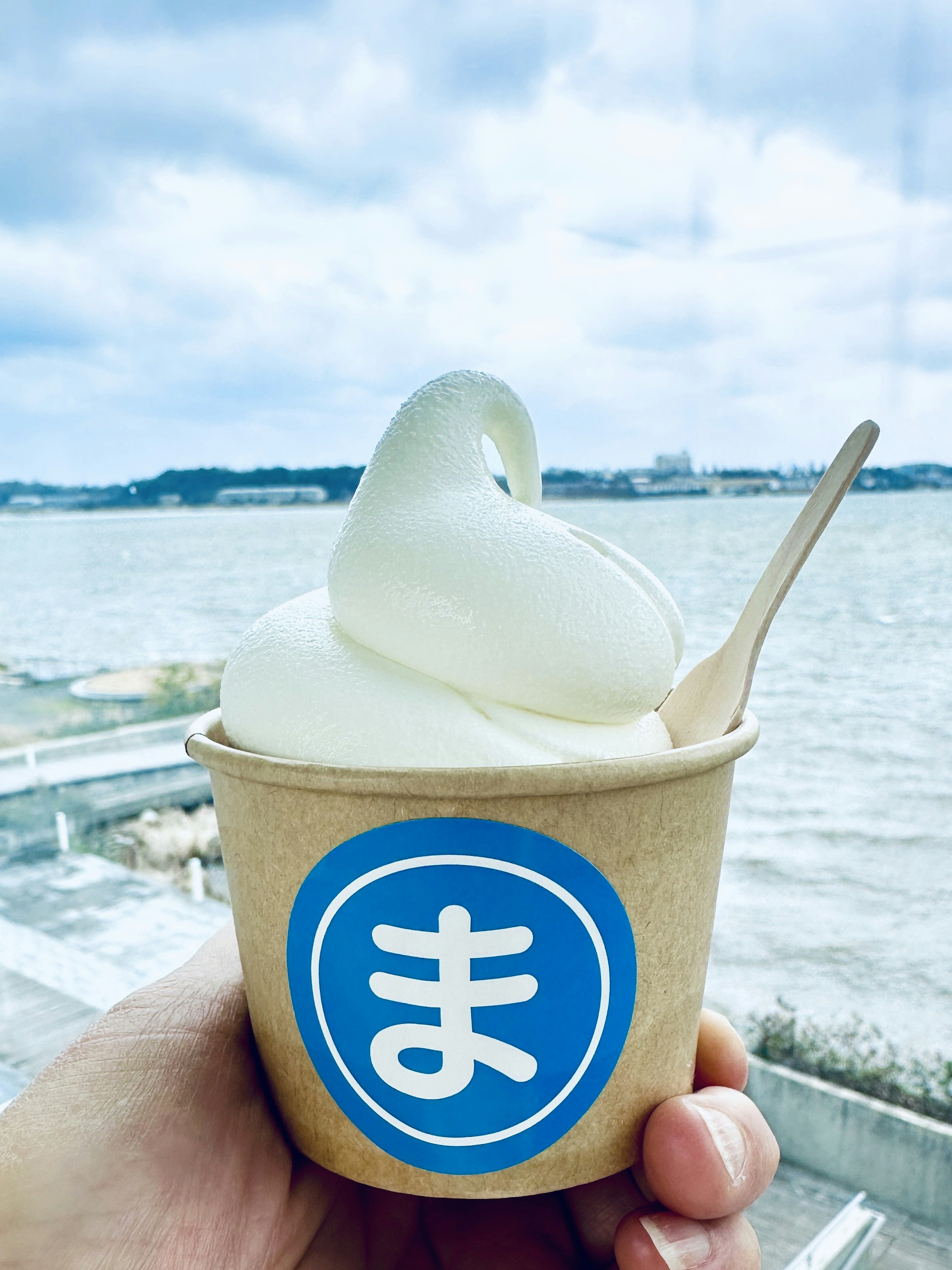 Una mano sosteniendo un vaso de helado suave blanco con un logotipo azul frente al mar