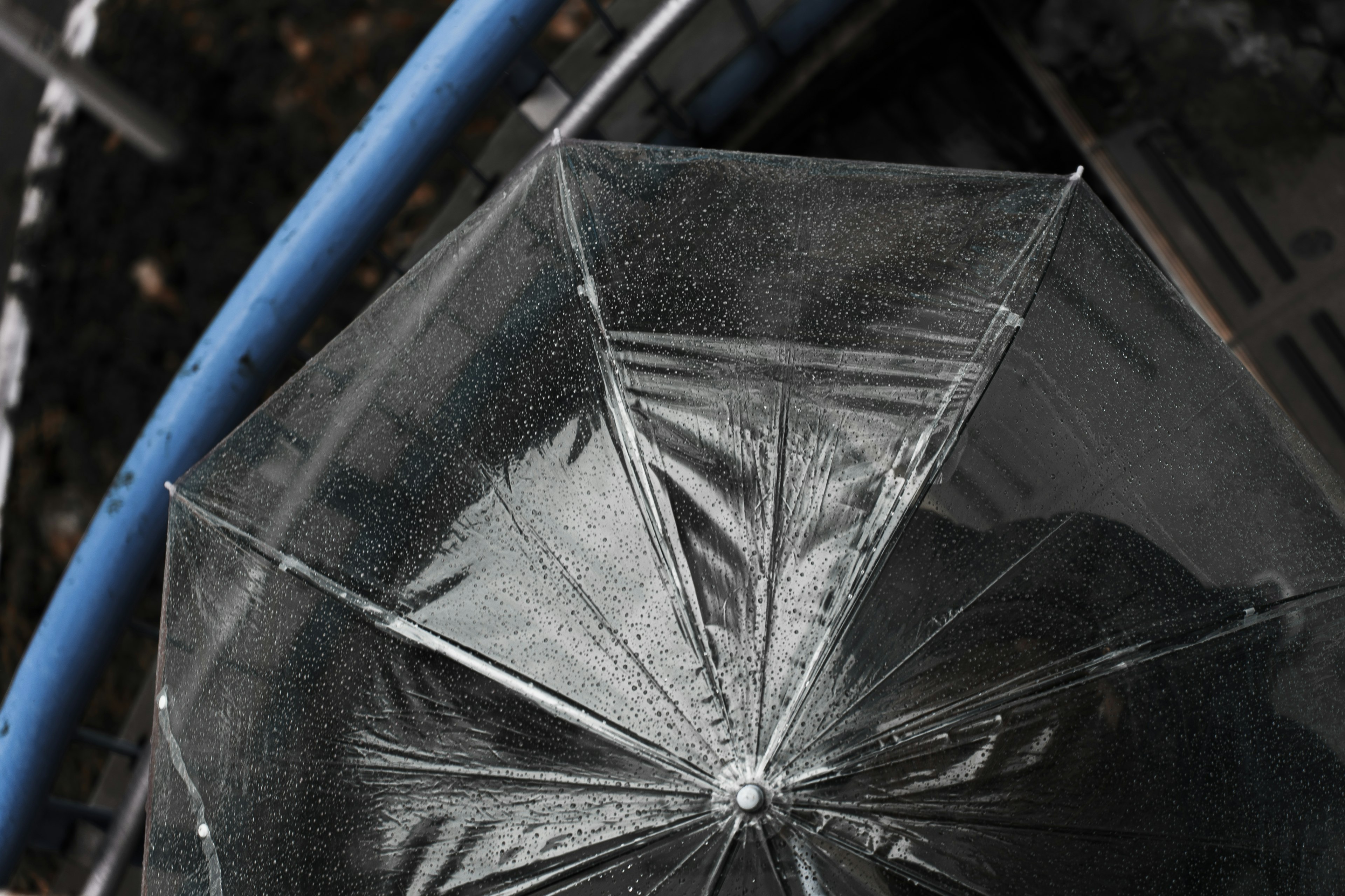 View of a transparent umbrella with raindrops on the surface