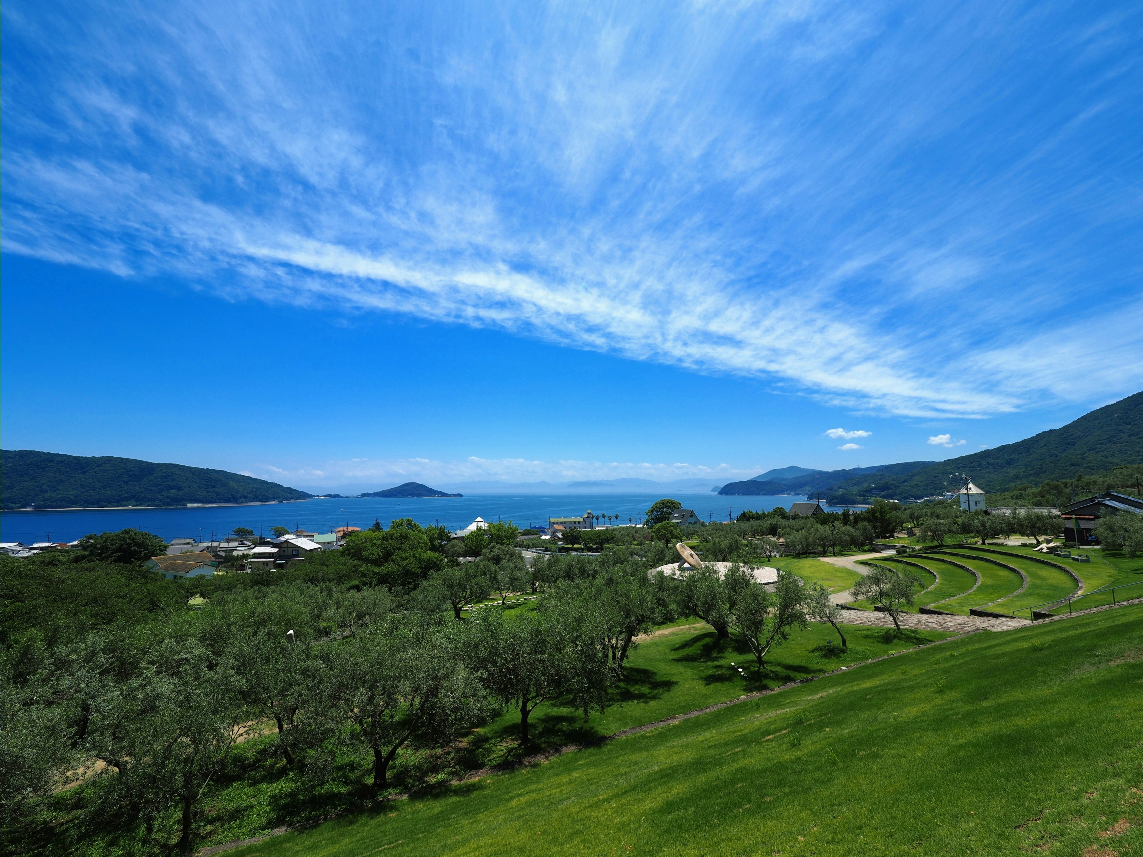 Beautiful coastal landscape with blue sky and clouds green hills and olive trees