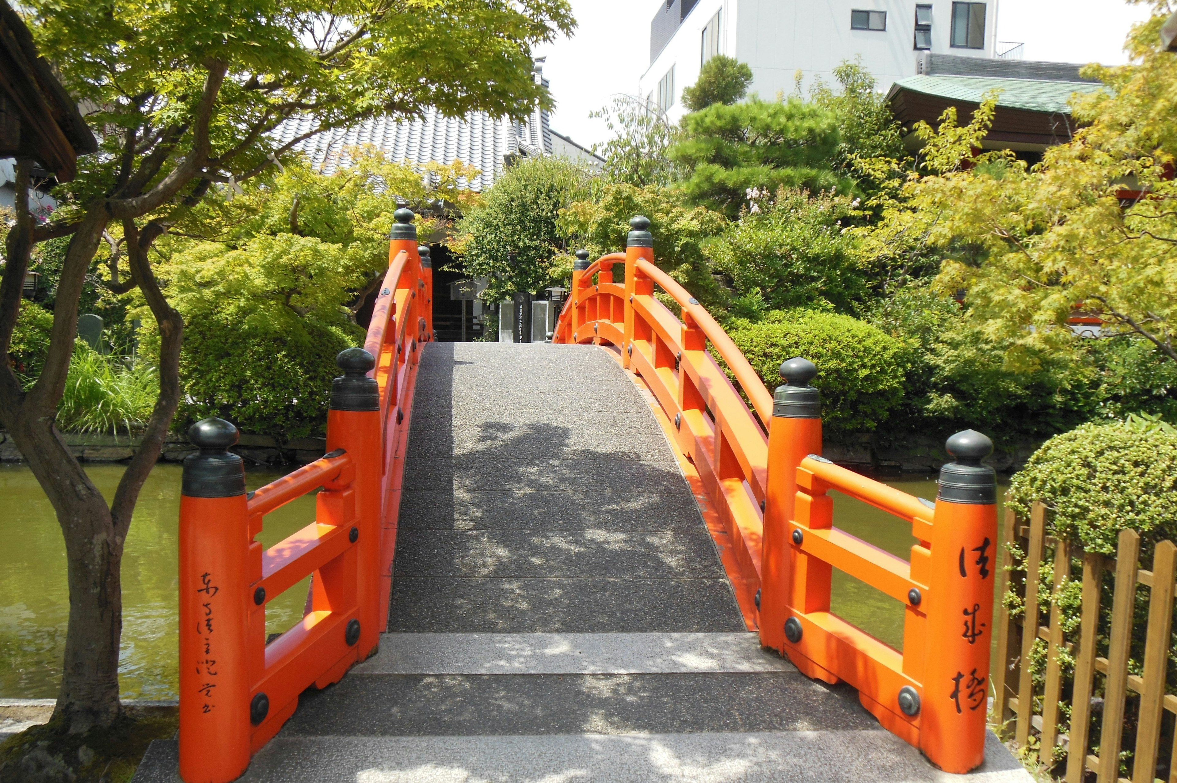 Vibrant orange bridge crossing a green garden