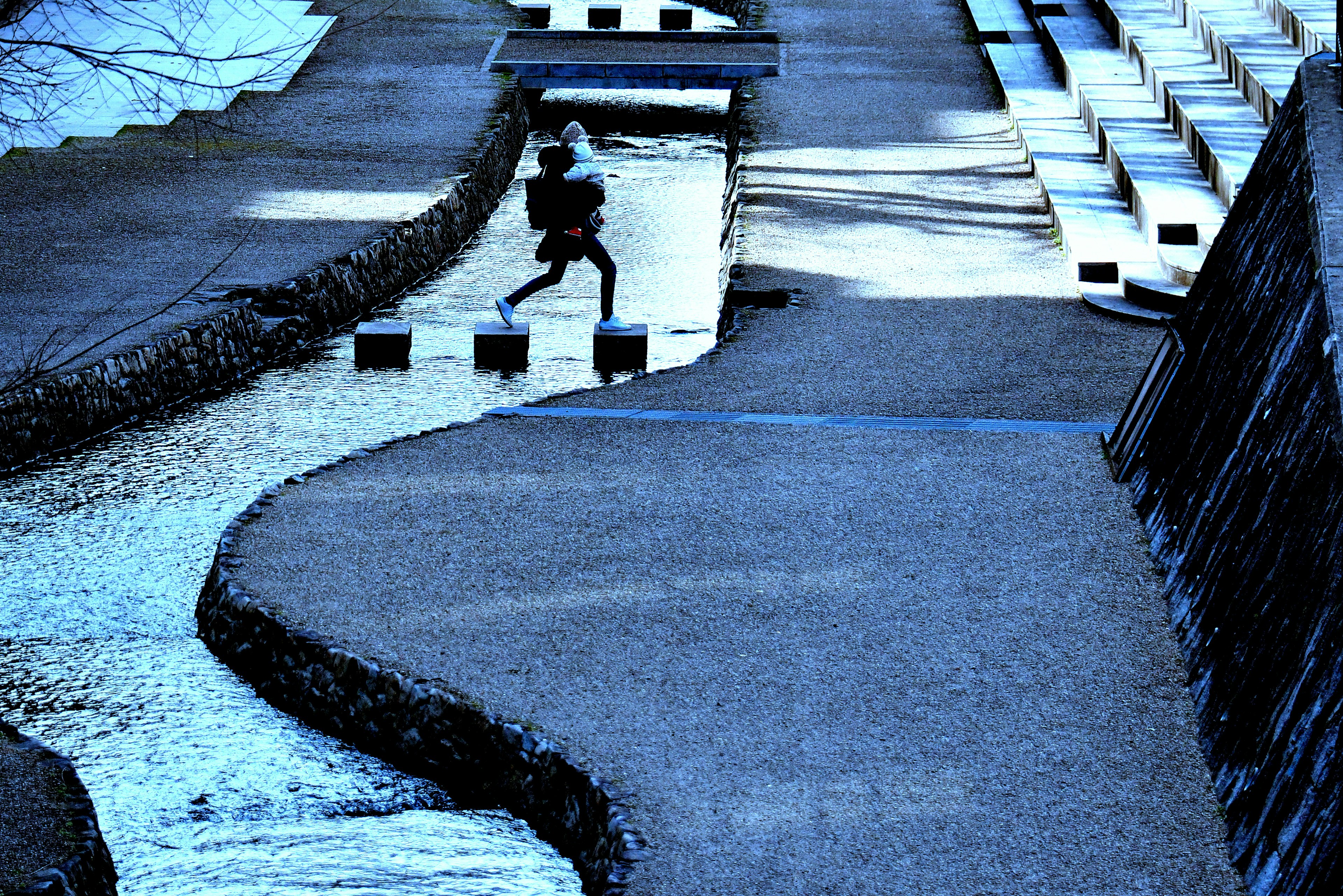 A person walking in a landscape with blue tones