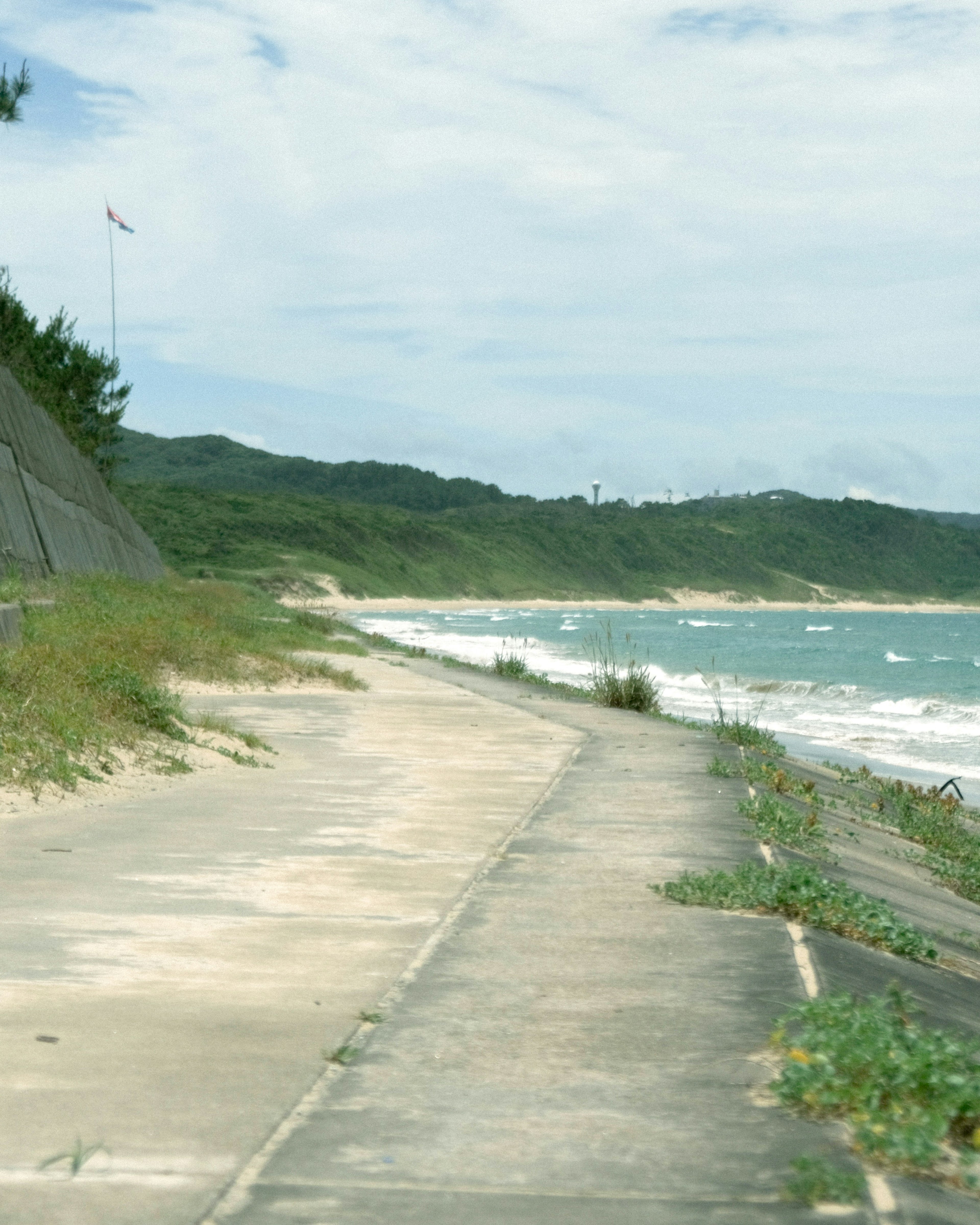 Coastal concrete path with visible waves and greenery