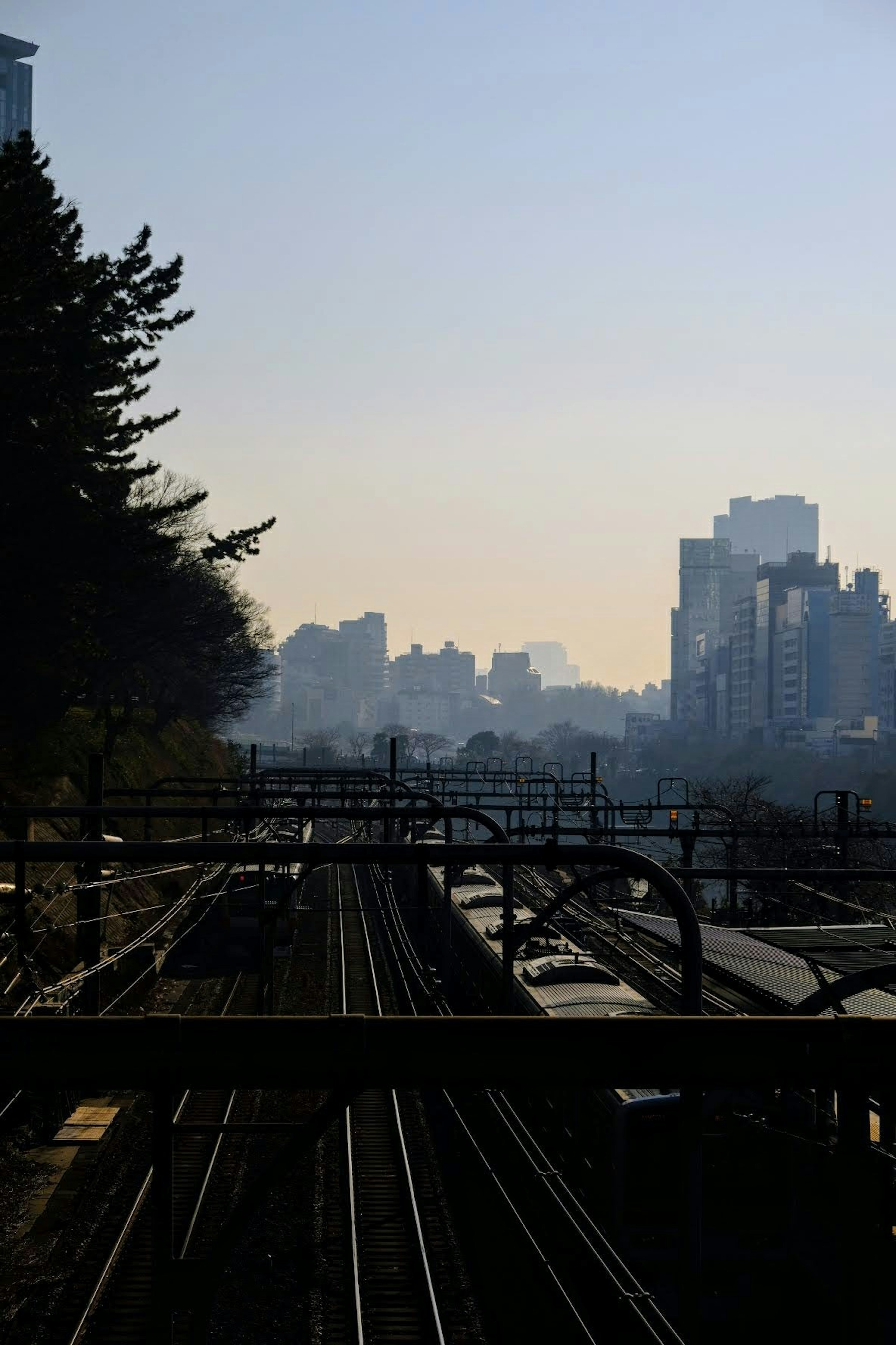 都市のシルエットと鉄道の線路が見える風景