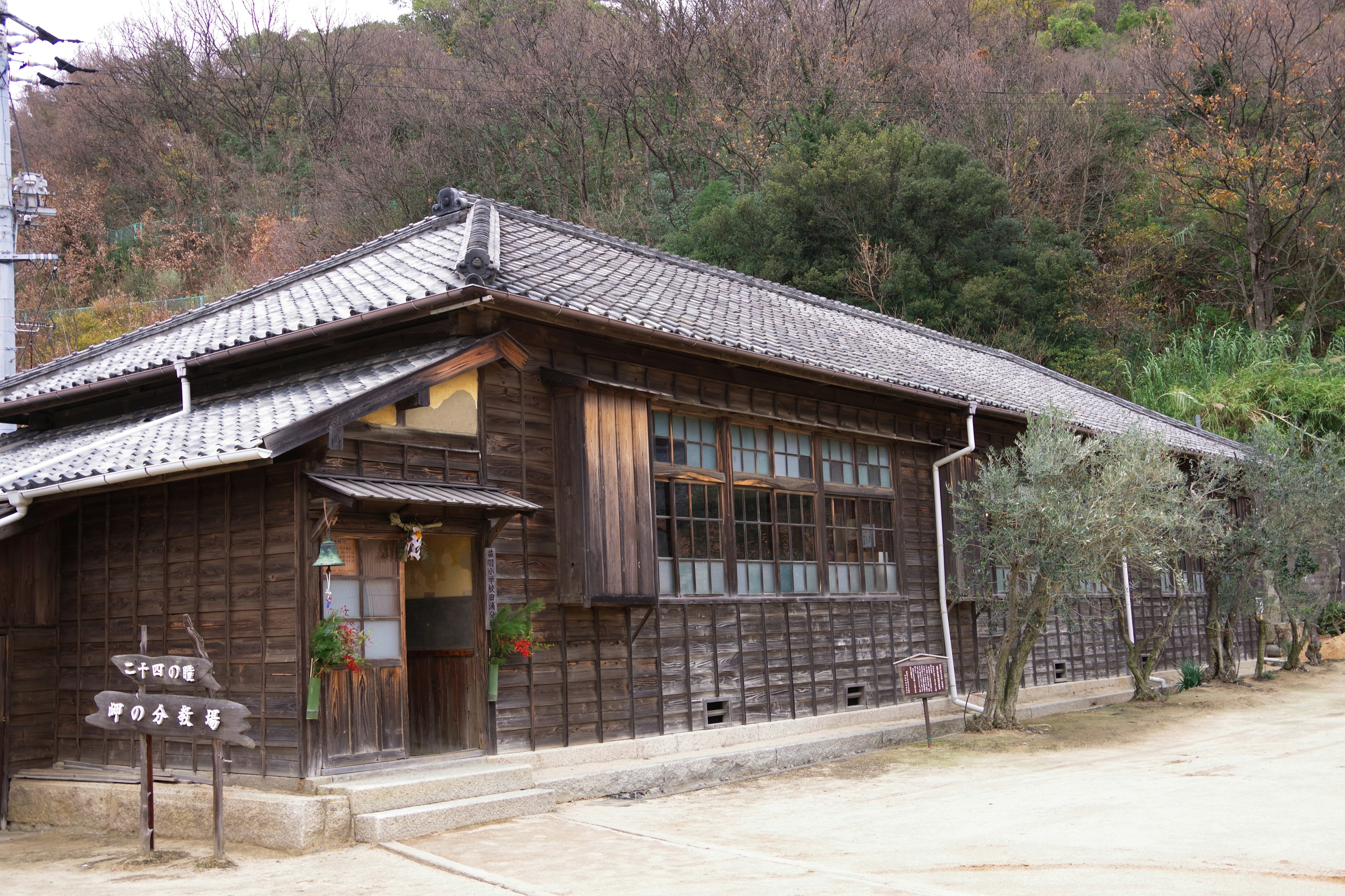 Rumah tradisional Jepang berbahan kayu dikelilingi oleh pepohonan