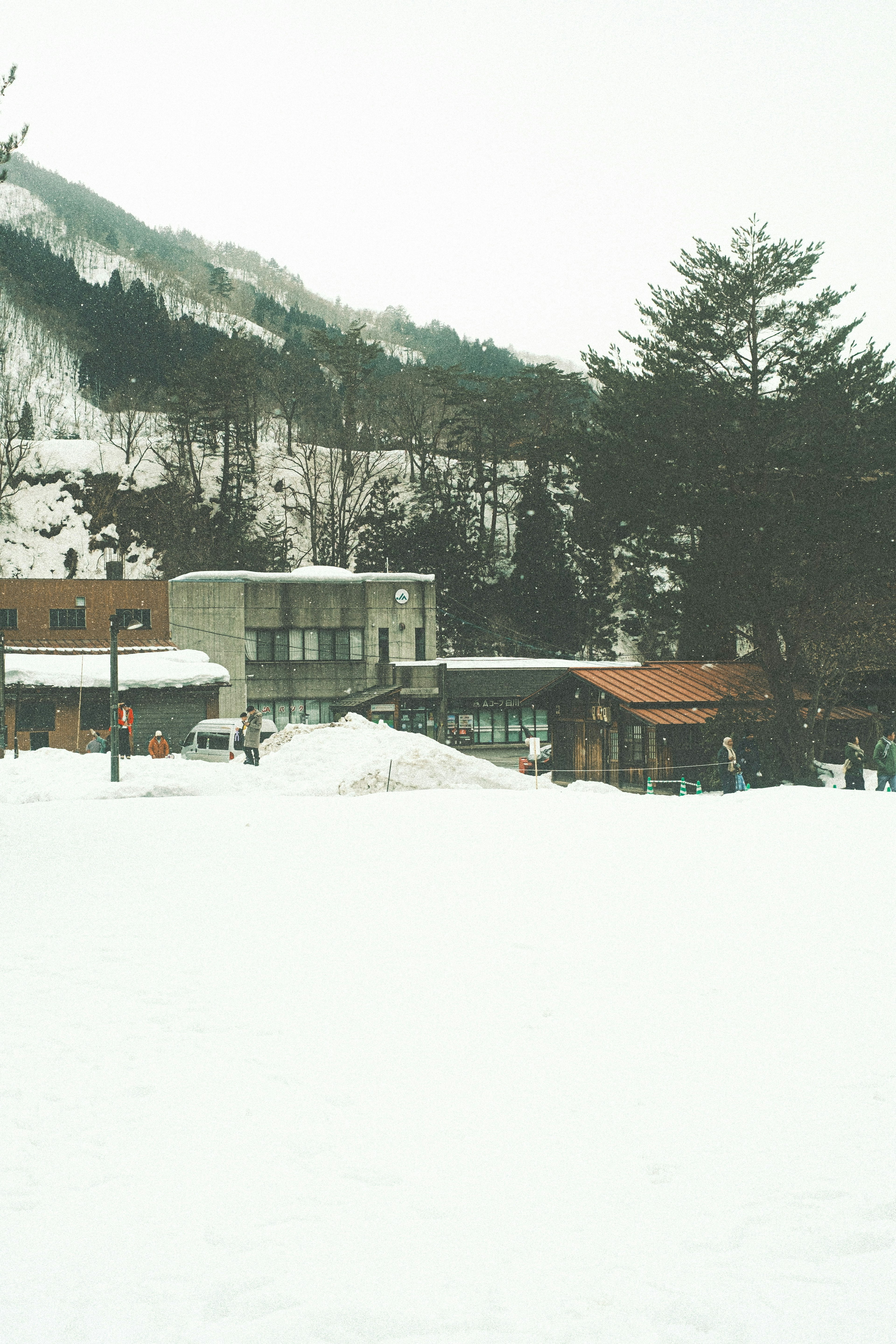 Snow-covered landscape featuring buildings and mountains