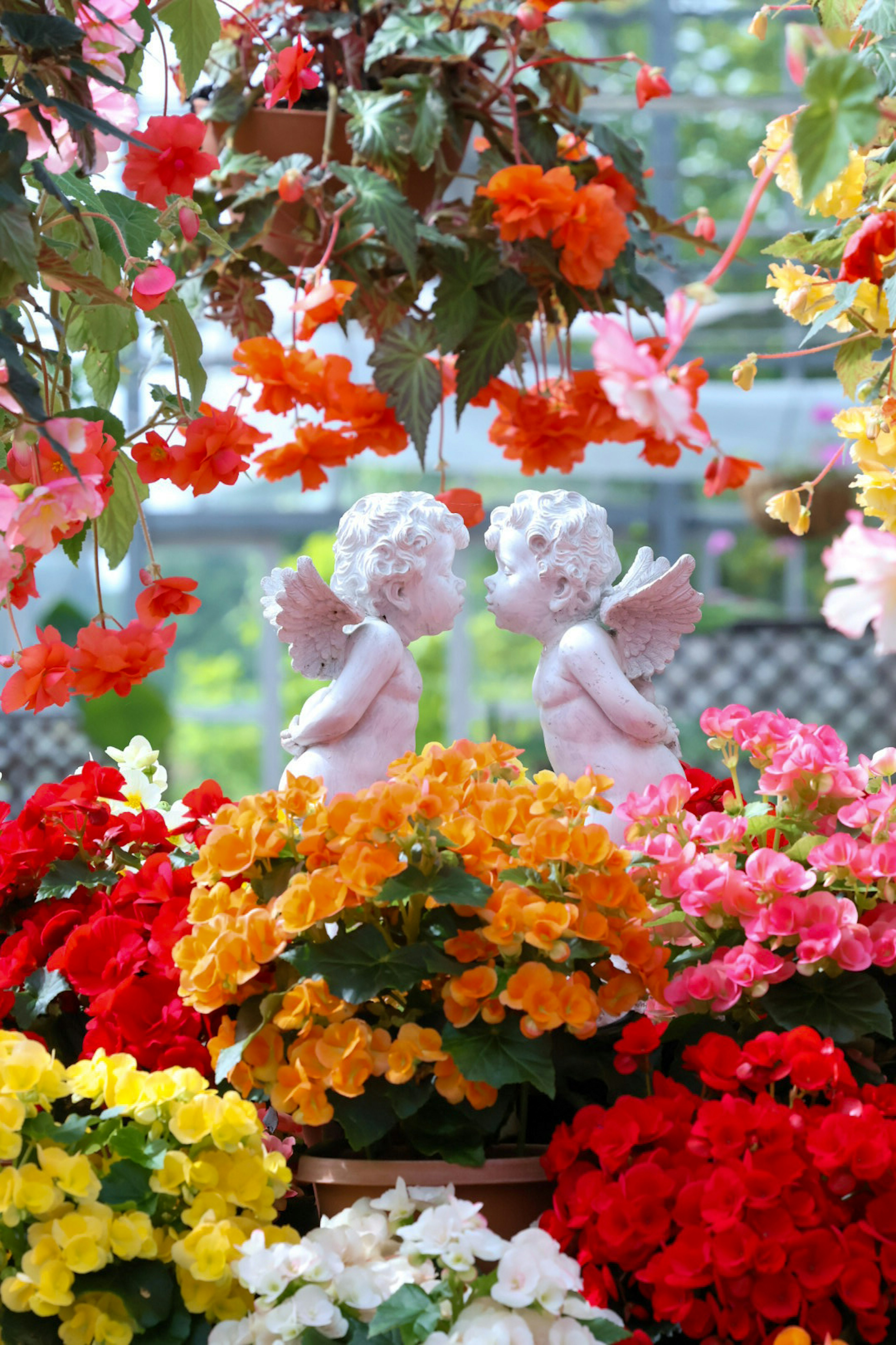 Dos estatuas de ángeles rodeadas de flores vibrantes de varios colores