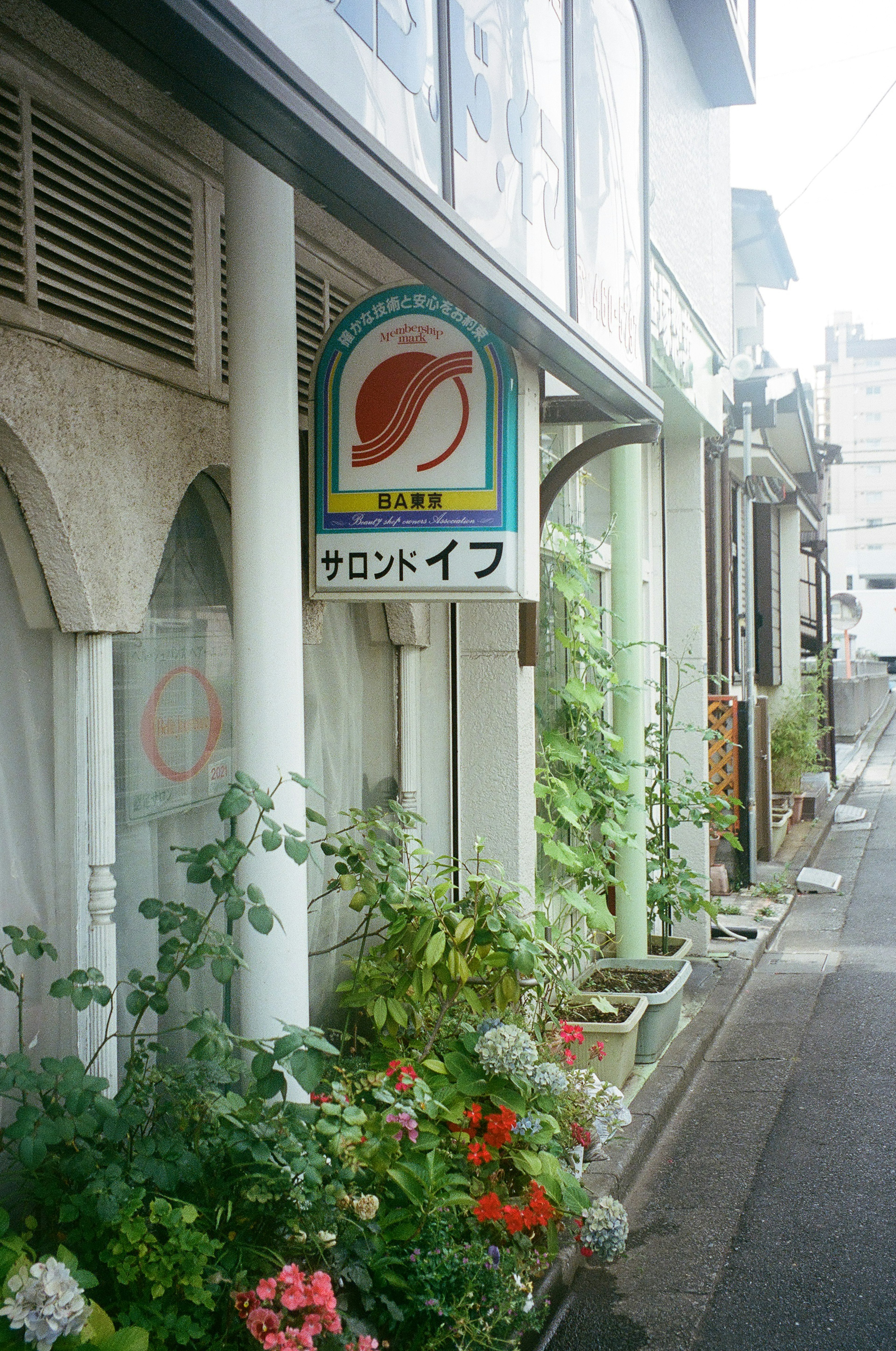 花が咲く小道にあるサロンの看板と植物