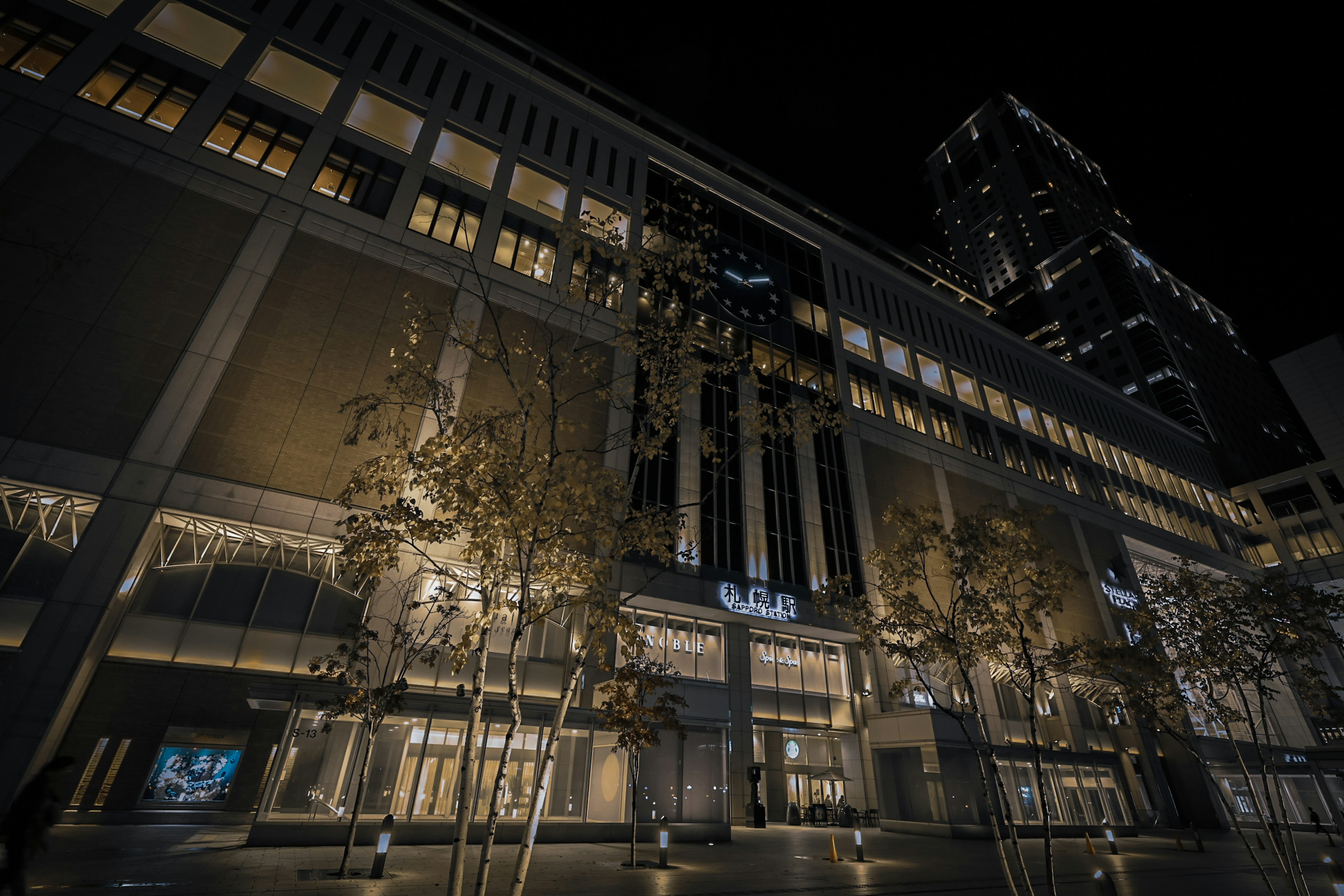 Modern building facade in a city at night with surrounding trees