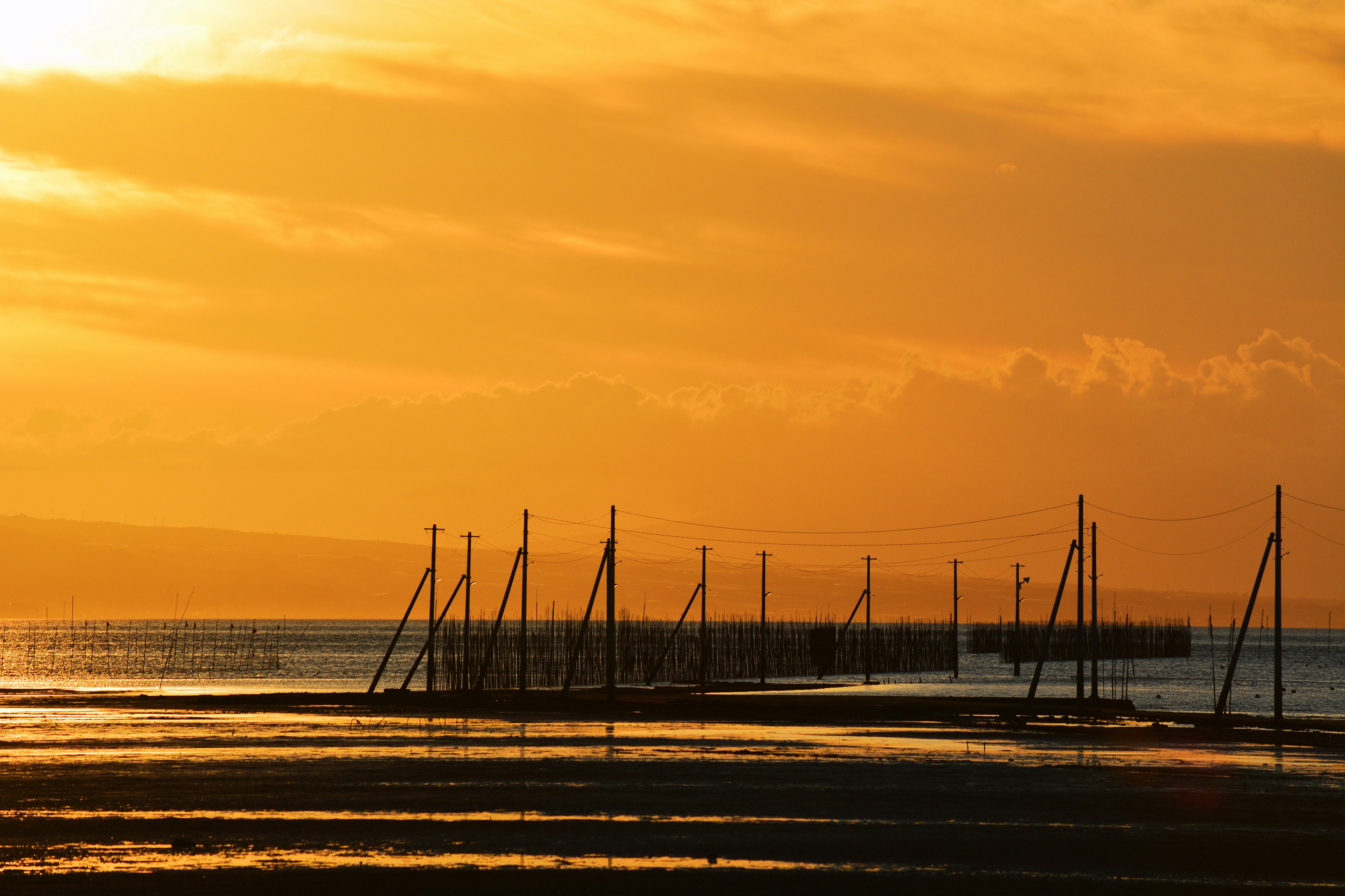 Mâts de bateaux de pêche silhouettés contre un coucher de soleil sur la mer calme