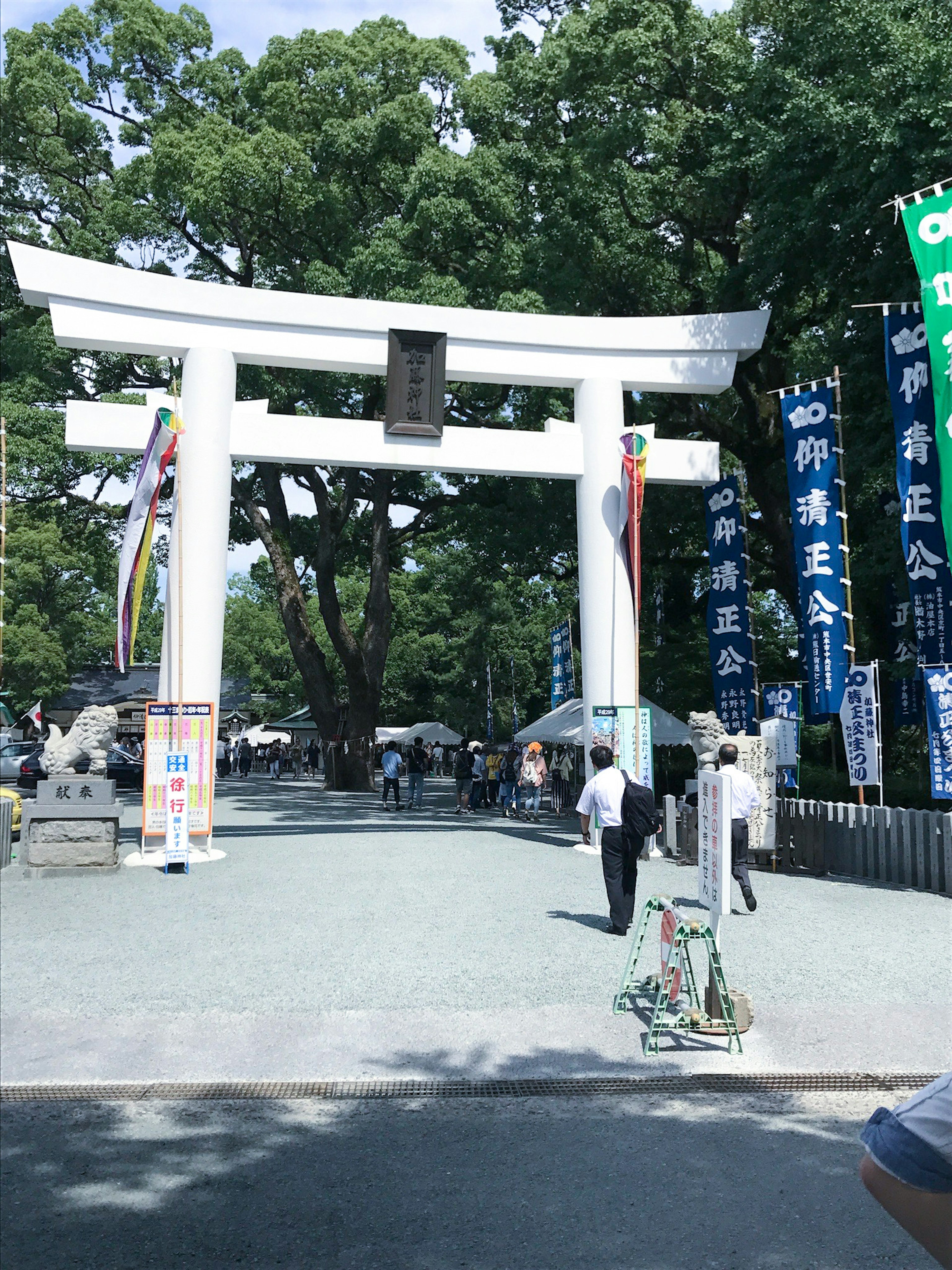 神社入口的白色鸟居有行人经过，周围绿树成荫