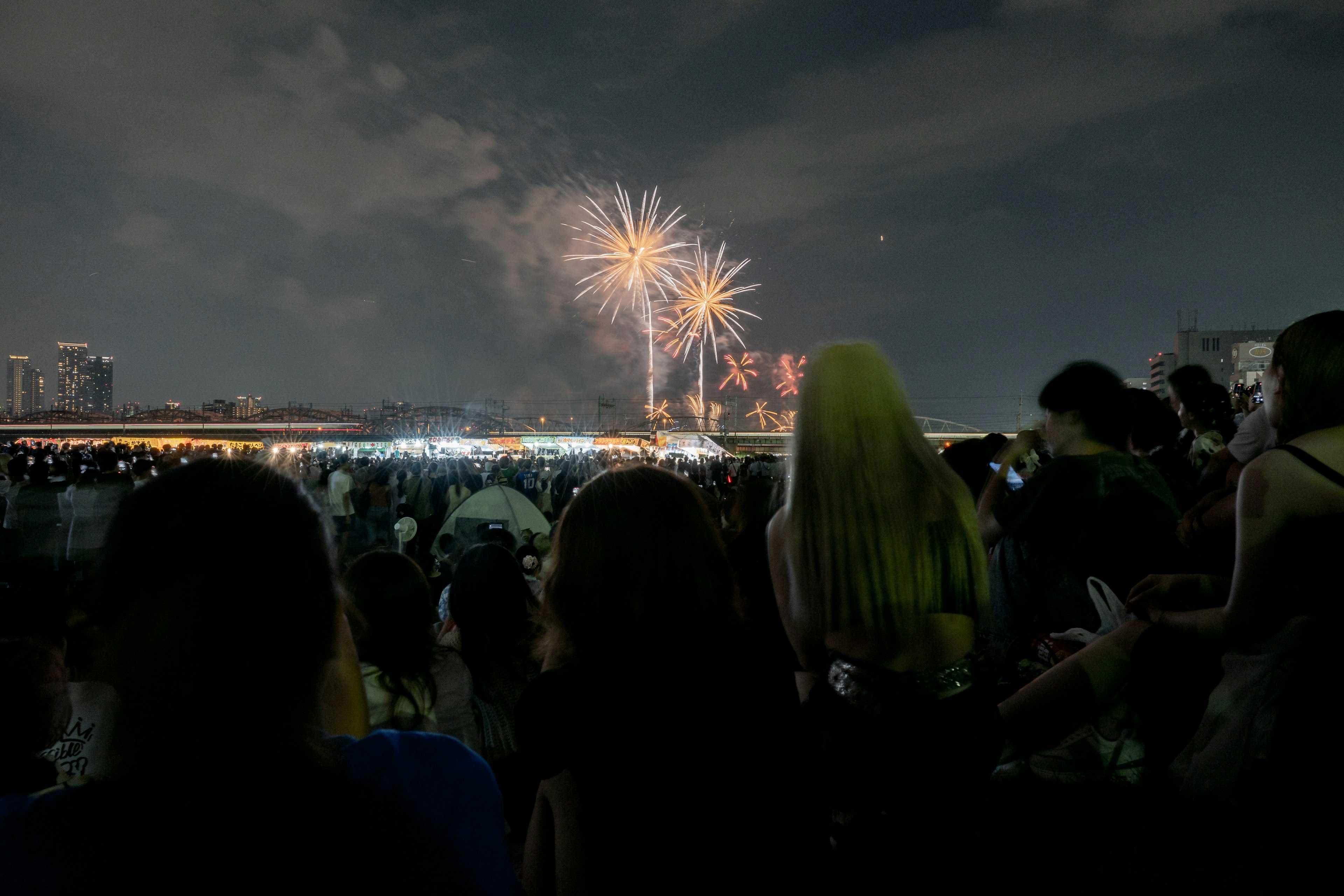 Folla che guarda un spettacolo di fuochi d'artificio nel cielo notturno