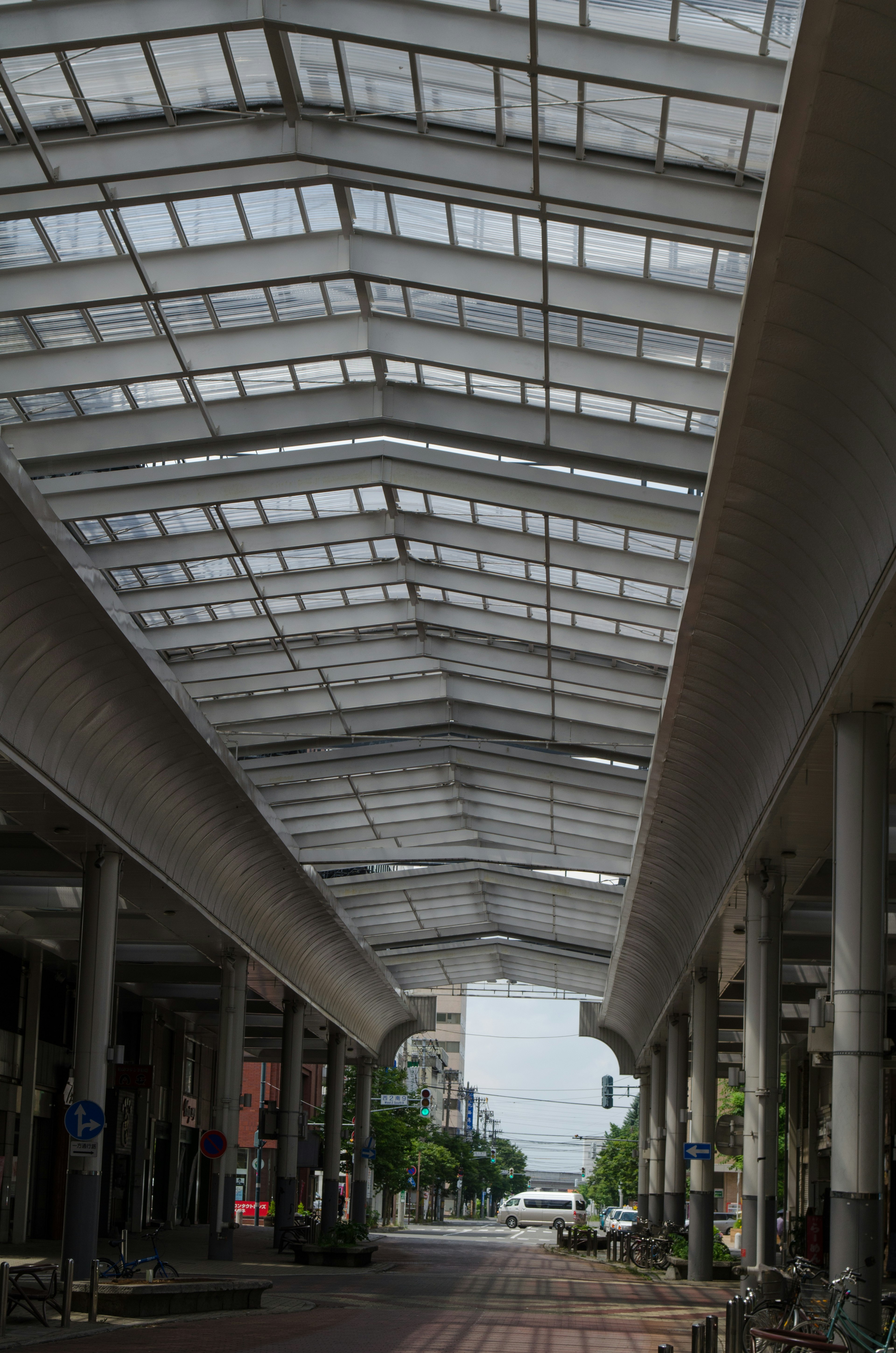 Vista de una calle comercial con techo de vidrio