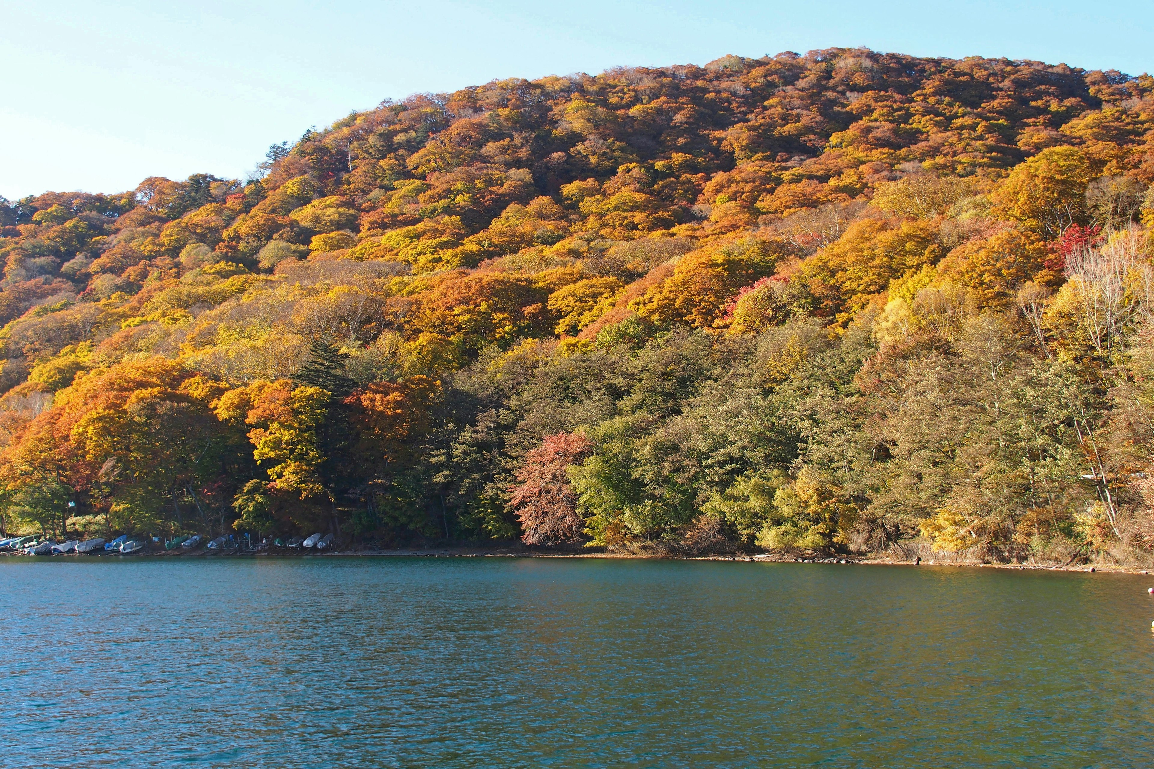 湖と紅葉した山の美しい風景