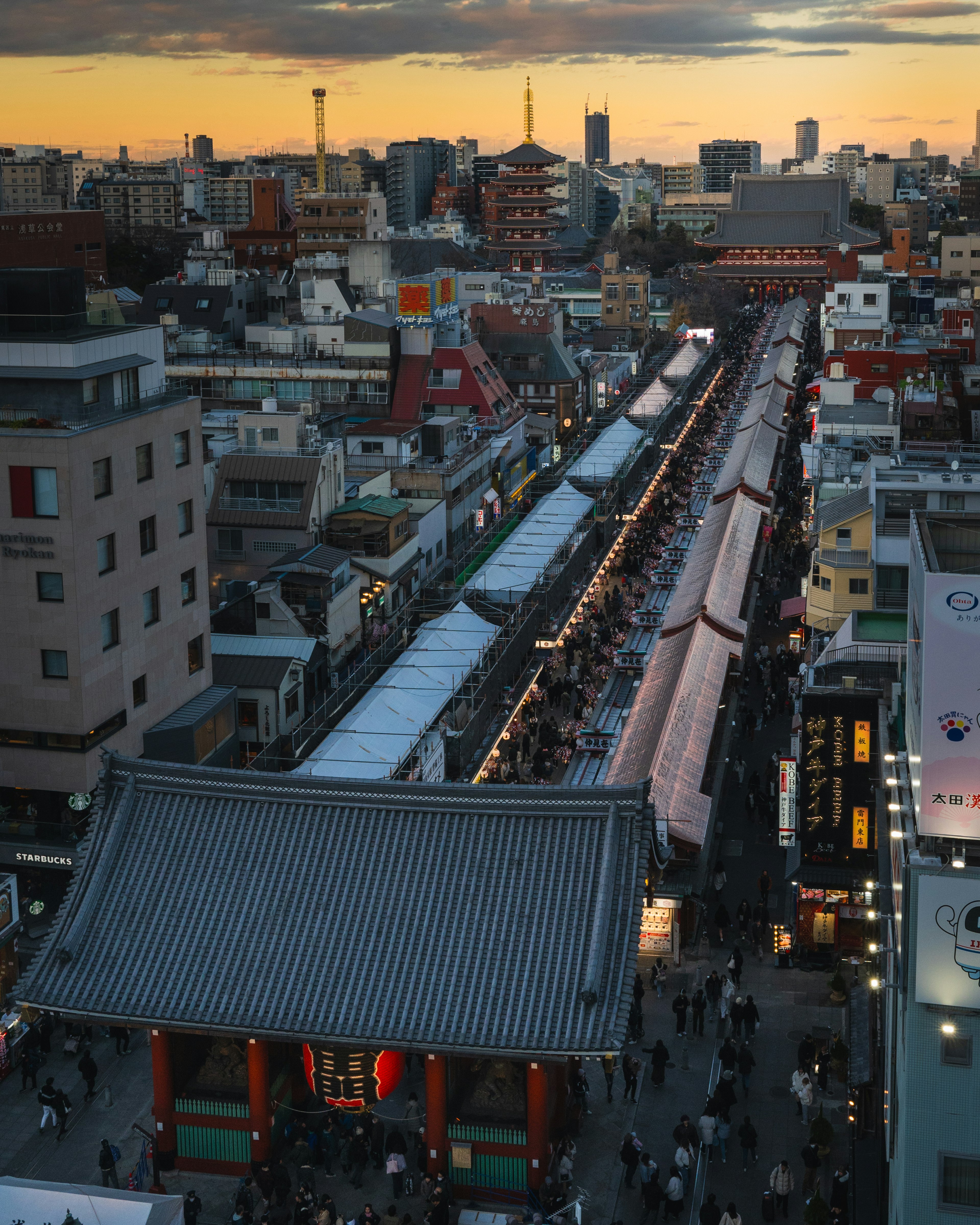 View of Senso-ji Temple and Nakamise Street at dusk