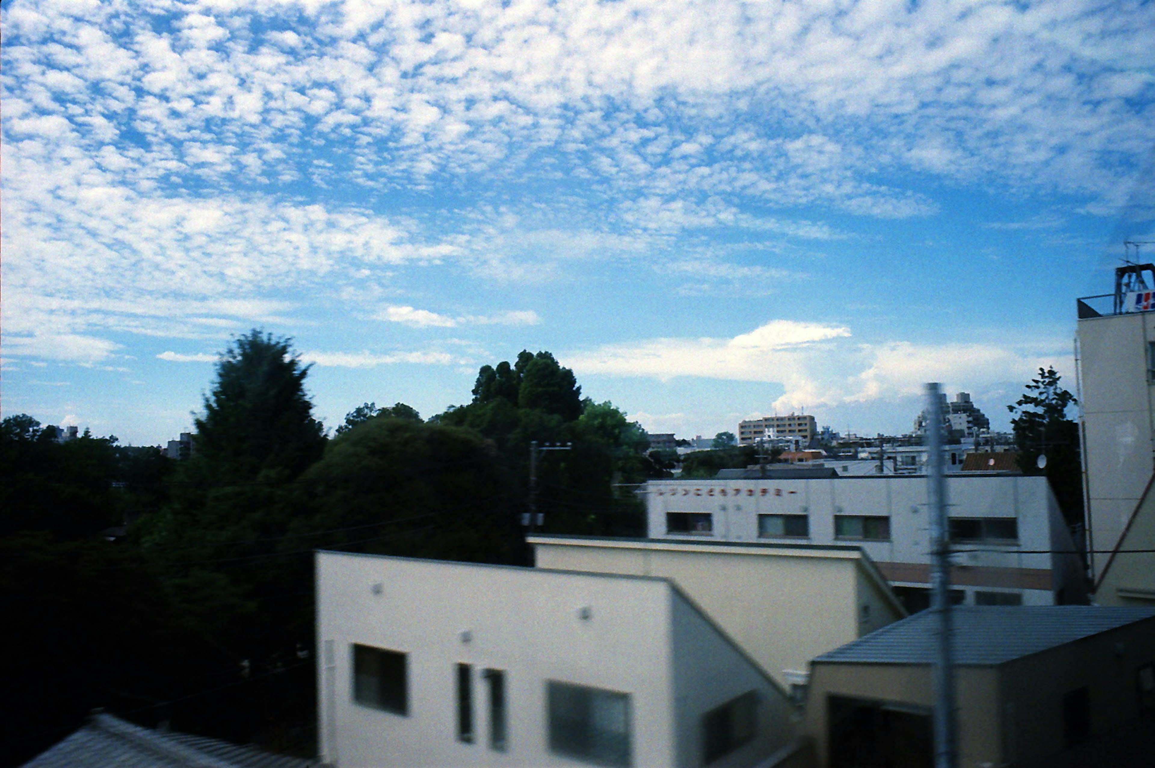 Paisaje urbano con cielo azul y nubes árboles verdes y edificios blancos