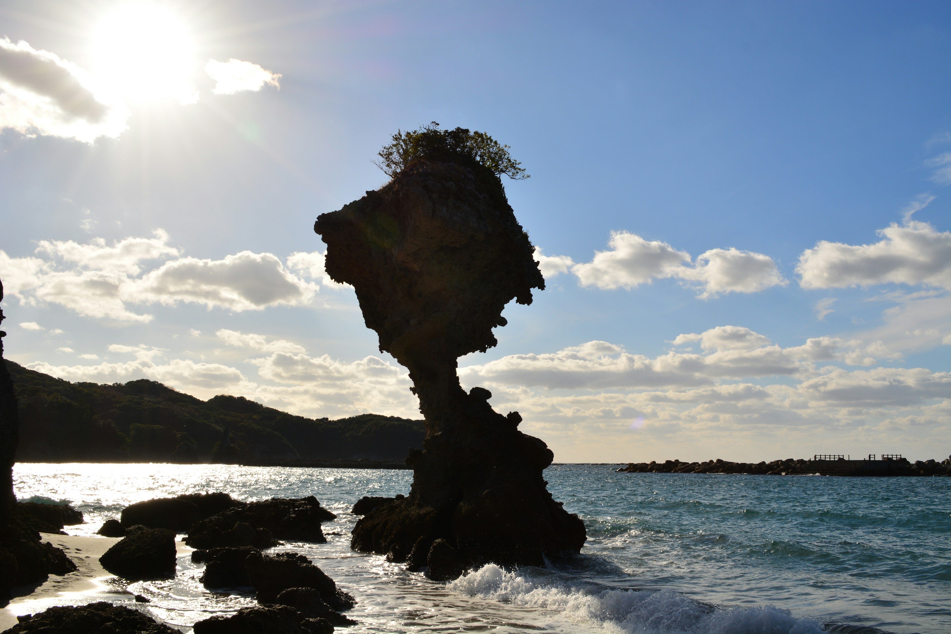 A rock formation resembling a face with trees on top against a bright sky