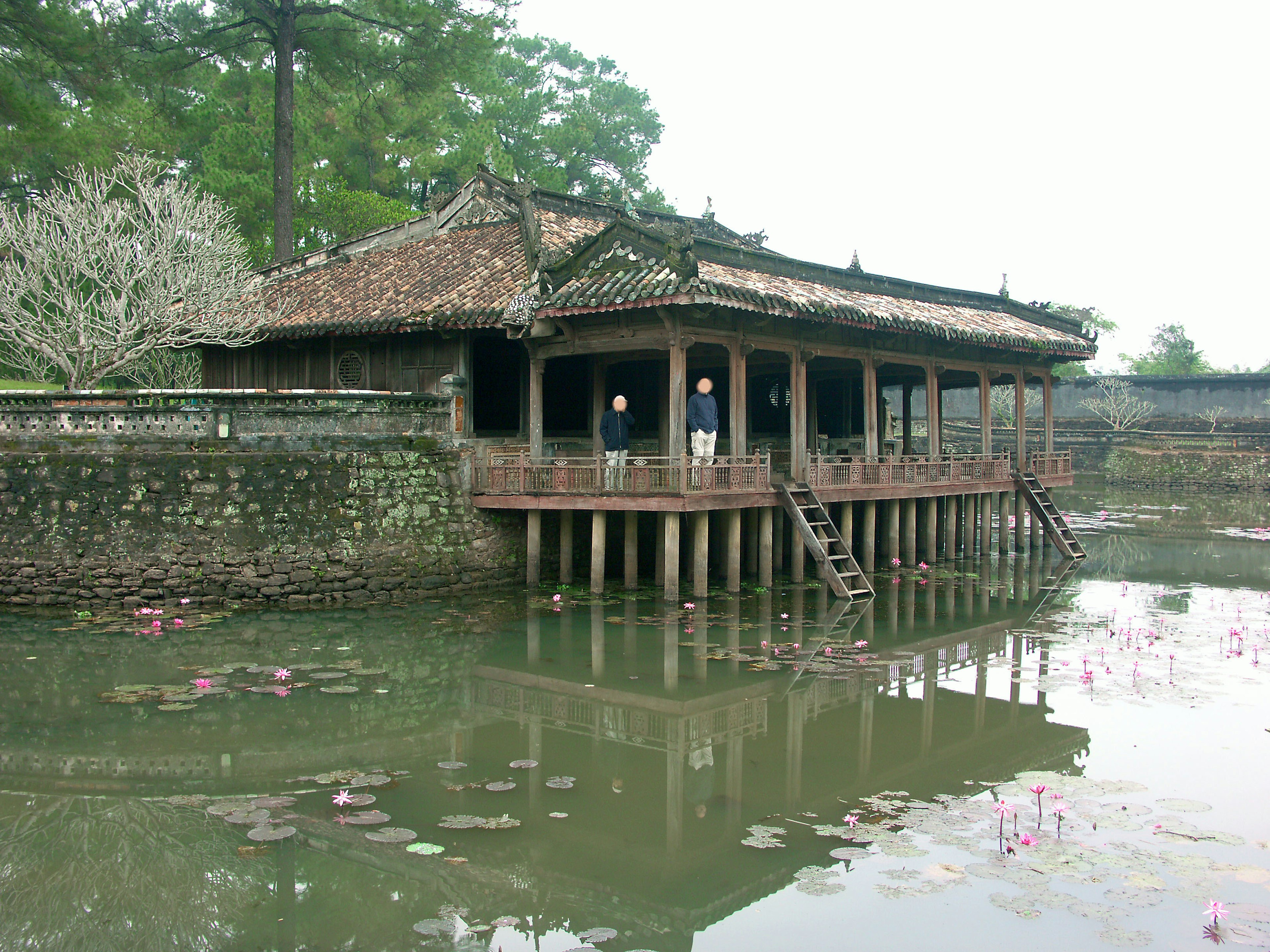 Old wooden structure standing over a pond surrounded by trees